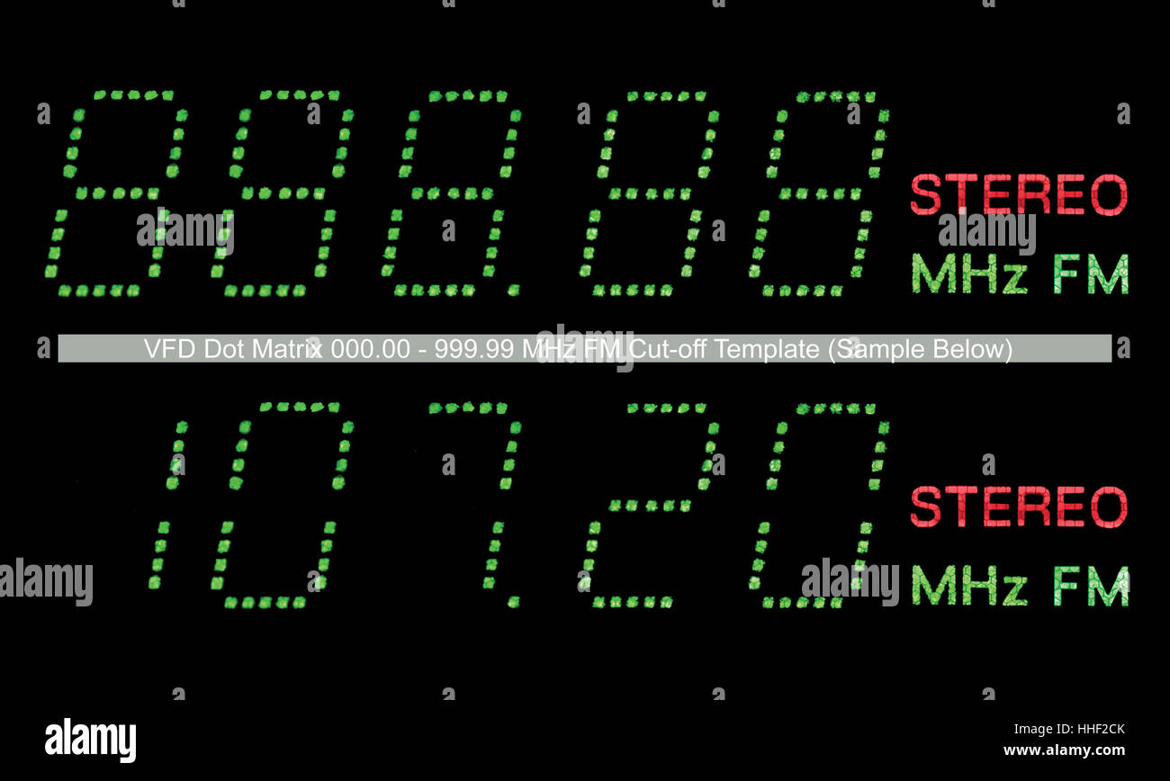 VFD Dot Matrix FM Radio Stereo Display Macro, Green, Large Detailed Closeup, Black Background Isolated Stock Photo
