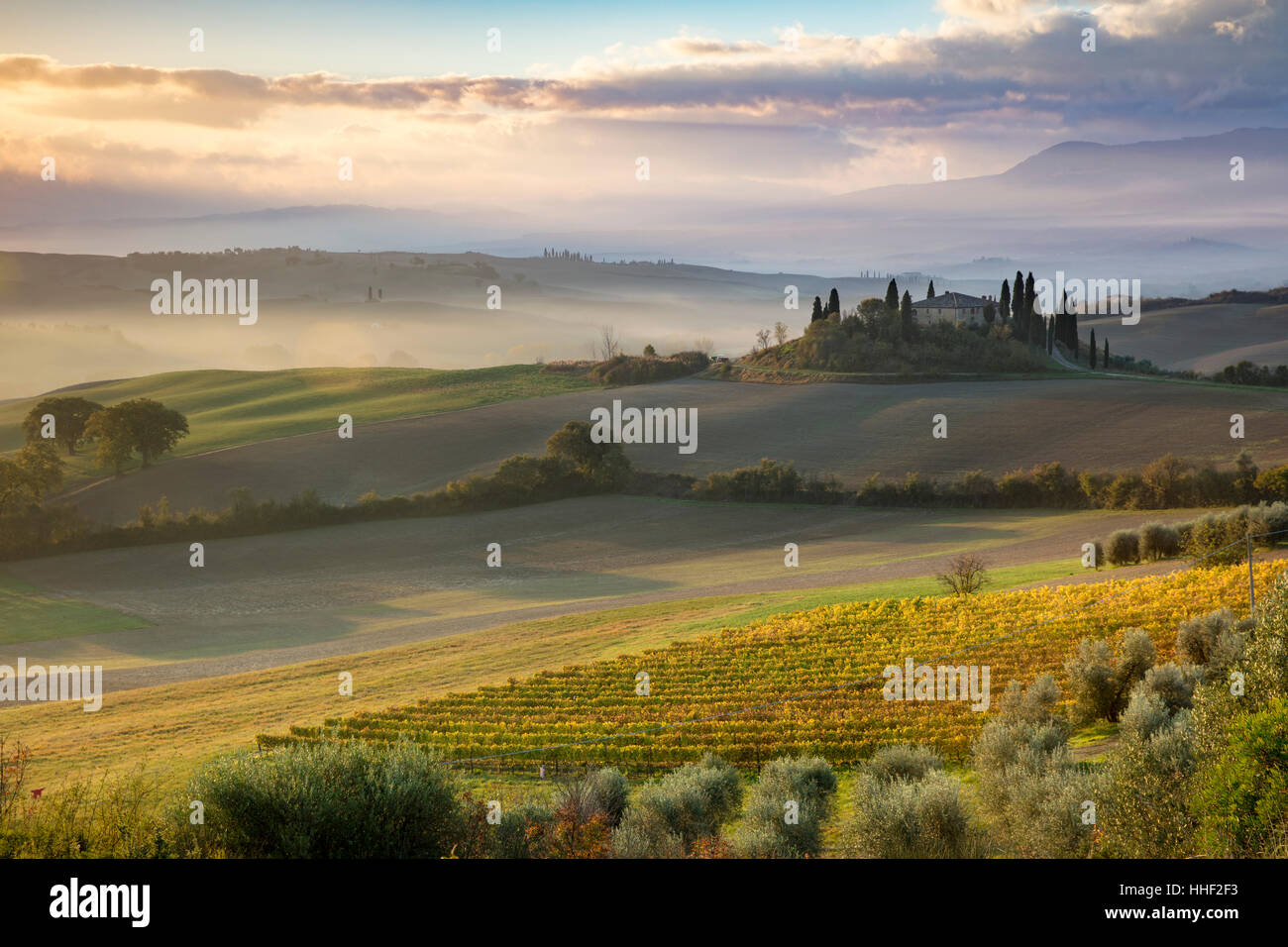 Sunrise over Podere Belvedere and countryside of Val d'Orcia near San Quirico d'Orcia, Tuscany, Italy Stock Photo