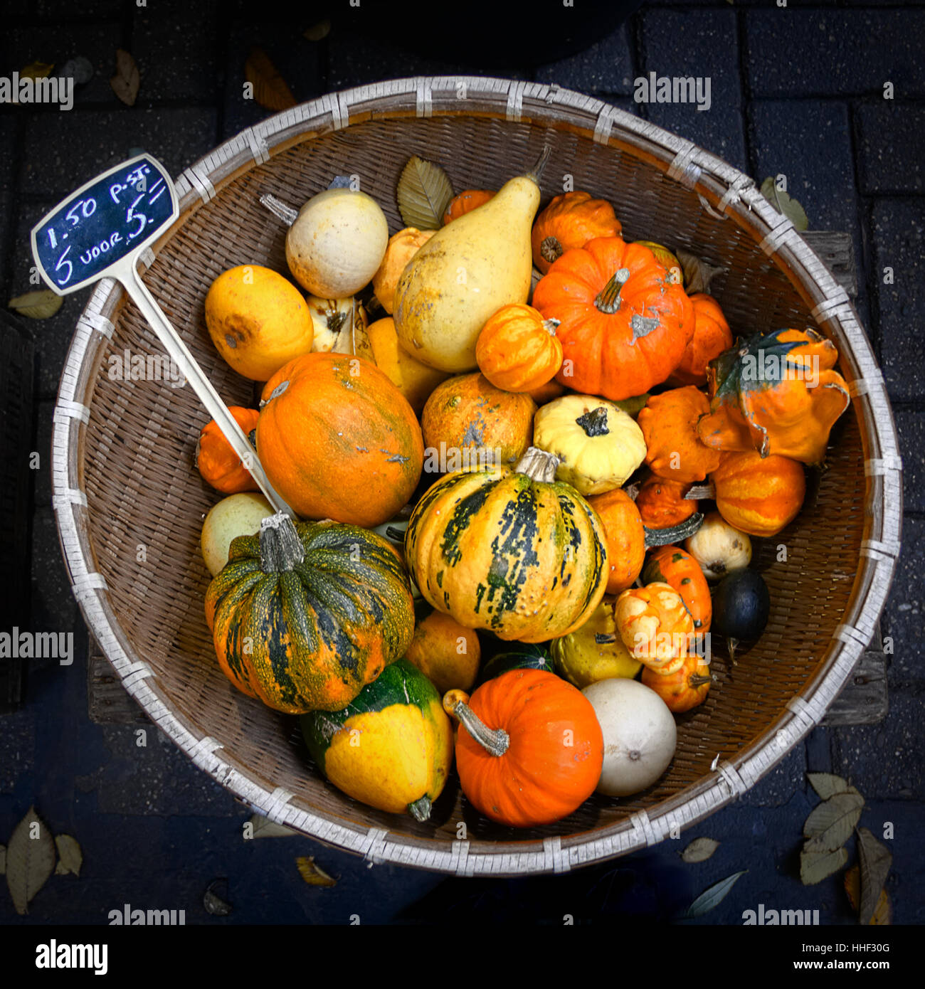 Pumpkins for sale in Amsterdam Flower Market Stock Photo