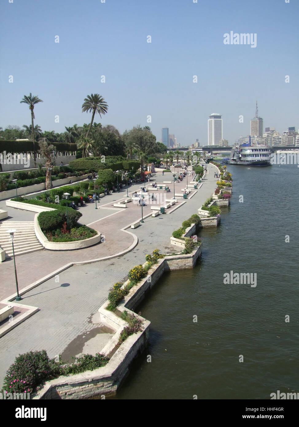 waterside scenery with boardwalk at Gezira island in Cairo (Egypt) in ...