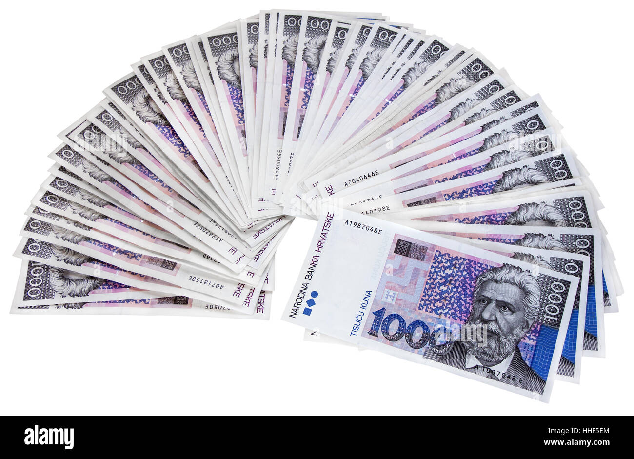 Bunch Croatian banknotes 1000 kunas isolated on white background with Clipping Path Stock Photo