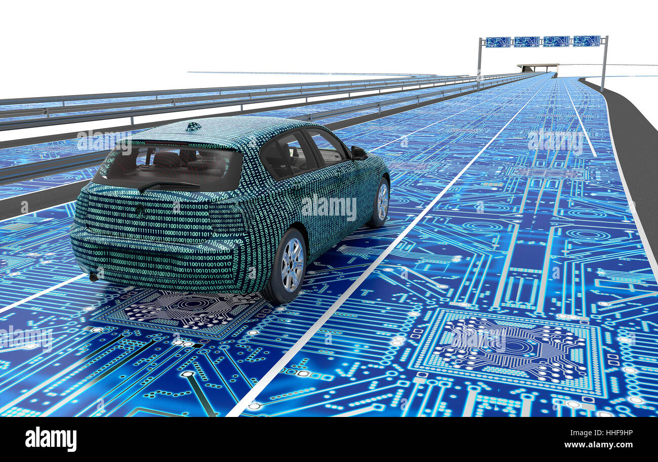 self driving electronic computer car on road, 3d illustration Stock Photo