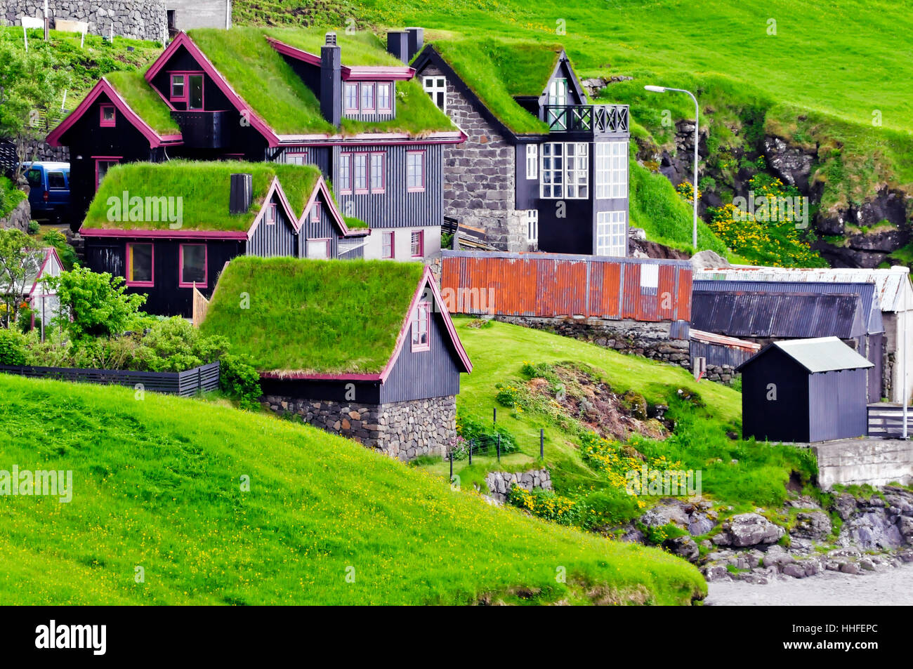 houses, green, europe, denmark, islands, faroe islands, scenery