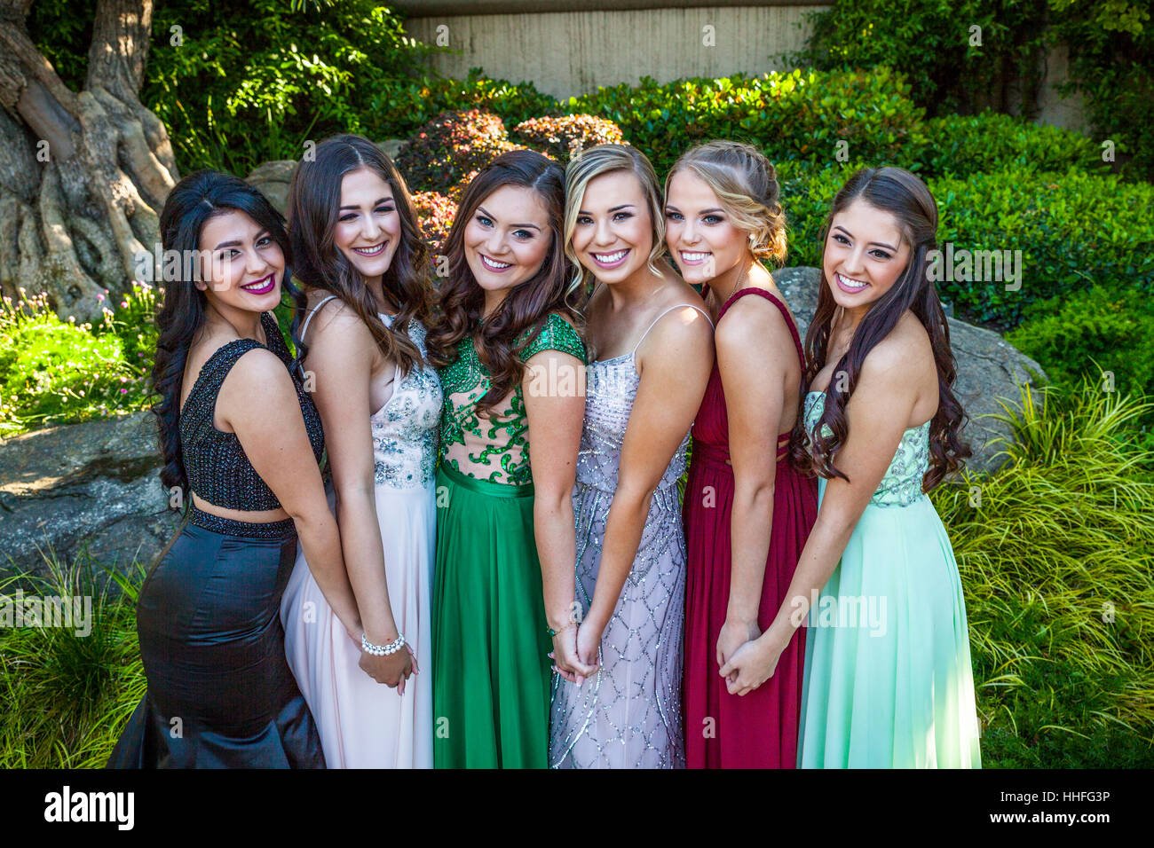 High School friends gather together for their Senior Prom photos Stock Photo
