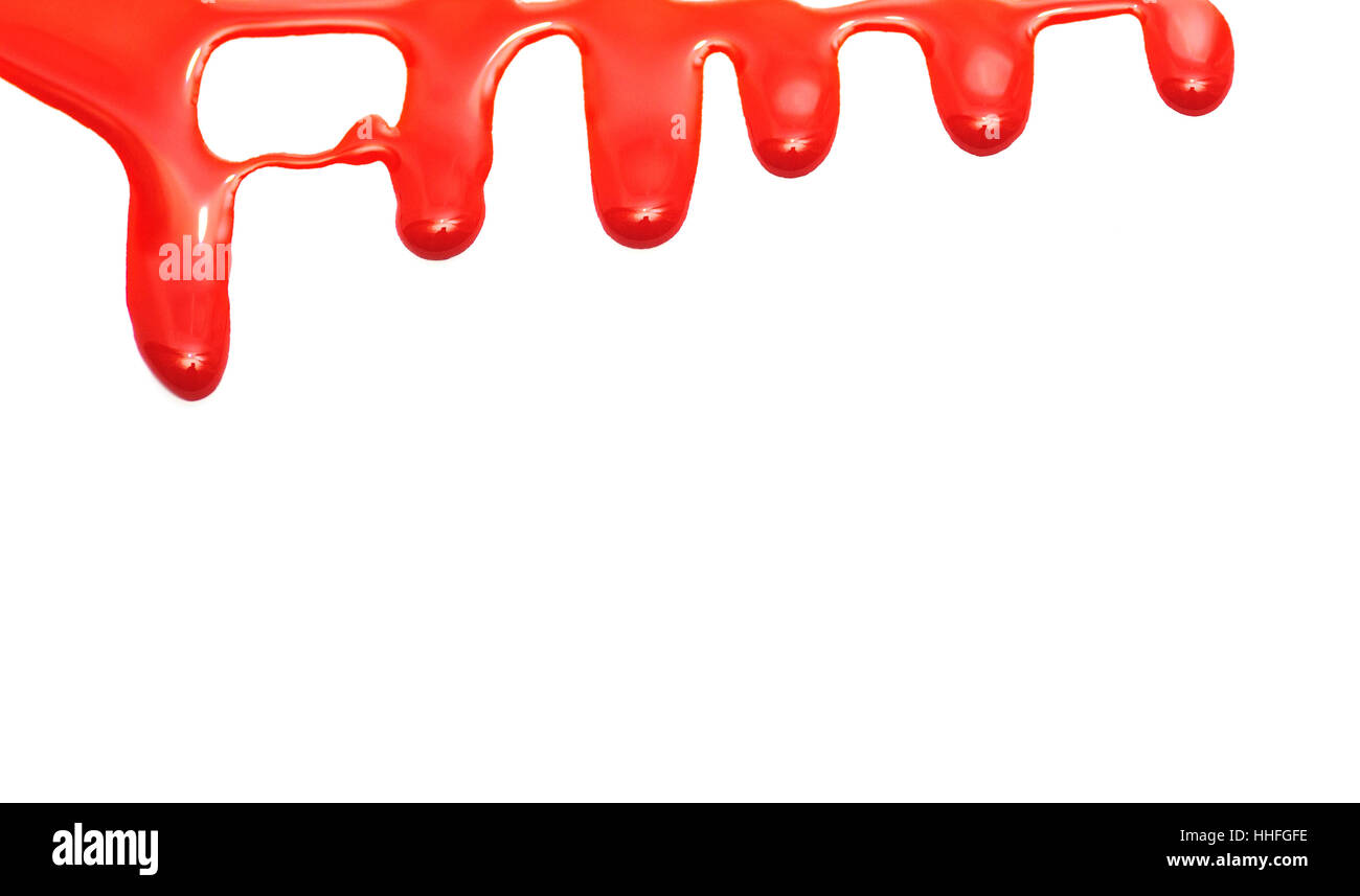 Red paint dripping isolated on white paper Stock Photo