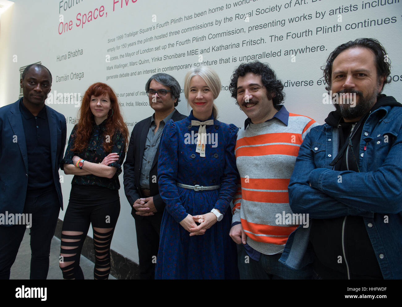 National Gallery, London, UK. 19th January, 2017. Justine Simons (fourth left), Deputy Mayor for Culture and Creative Industries, with Ekow Eshun, Chair of the Fourth Plinth Commissioning Group (left) and artists Heather Phillipson, Shuddhabrata Sengupta of Raqs Media Collective, Michael Rakowitz and Damian Ortega (right), unveils maquette of the five proposals for the next Fourth Plinth commissions with the shortlisted artists attending. The selected artists will be announced in March 2017. Credit: artsimages/Alamy Live News Stock Photo
