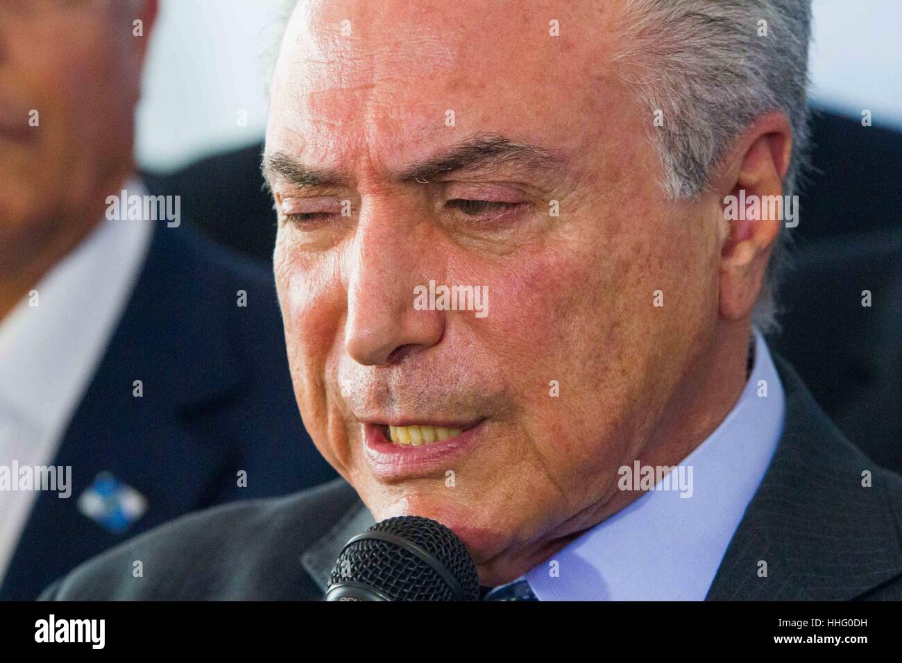 RIBEIRÃO PRETO, SP - 19.01.2017: TEMER E ALCKMIN LANÇAM PLANO SAFRA - President of the Republic, Michel Temer, gives an interview during the launching ceremony of the &quot-Fundingding for the 2017/18 Harvest Plan&quot;  at tht the IAC (Agronomic Institute of Camp) - Cana Cen Center in the city of Ribeirão Preto / SP (Photo: João Moura/Fotoarena) Stock Photo