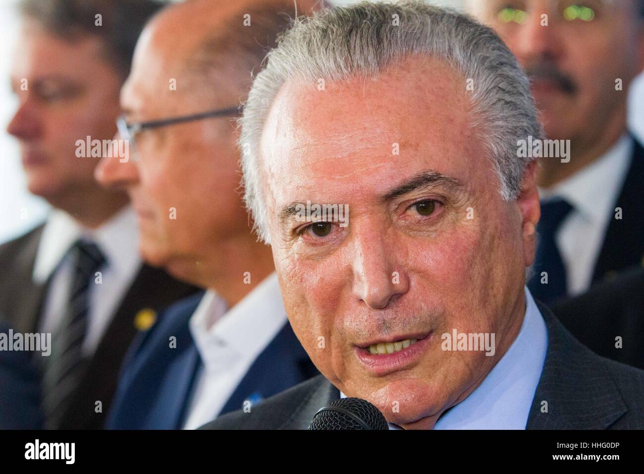 RIBEIRÃO PRETO, SP - 19.01.2017: TEMER E ALCKMIN LANÇAM PLANO SAFRA - President of the Republic, Michel Temer, gives an interview during the launching ceremony of the &quot-Fundingding for the 2017/18 Harvest Plan&quot;  at tht the IAC (Agronomic Institute of Camp) - Cana Cen Center in the city of Ribeirão Preto / SP (Photo: João Moura/Fotoarena) Stock Photo