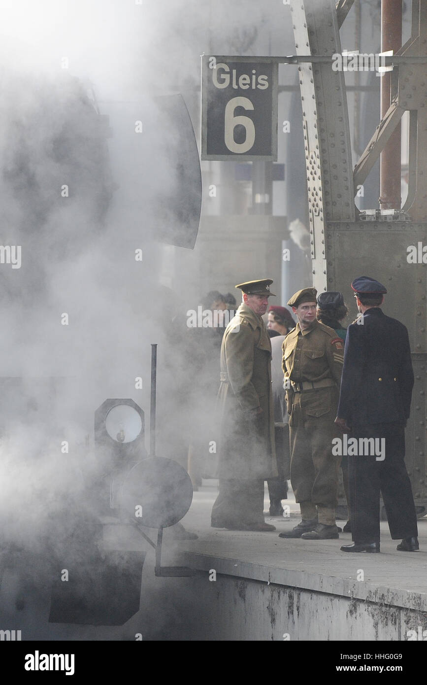 Prague, Czech Republic. 19th Jan, 2017. Filming of new World War Two drama The Aftermath set in post-war Hamburg, Germany in 1946 at Main Railway Station in Prague, Czech Republic, January 19, 2017. The film follows Keira Knightley (not pictured) as Rachael Morgan, whose colonel husband Lewis, played by Jason Clarke (not pictured), is put in charge of rebuilding the city of Hamburg. Credit: Ondrej Deml/CTK Photo/Alamy Live News Stock Photo