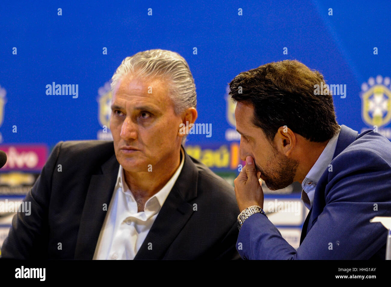 Rio De Janeiro, Brazil. 19th Jan, 2017. The coach Tite and Edu Gaspar  during convocation of the Brazilian team, on Thursday (19), for friendly  match against Colombia, which will have the income