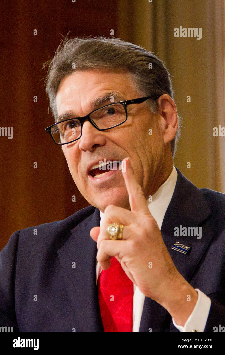 Washington, USA. 19th Jan, 2017. Former Texas Governor Rick Perry, President-elect Donald Trump's choice as Secretary of Energy, testifies during his confirmation hearing before the Senate Committee on Energy and Natural Resources on Capitol Hill January 19, 2017 in Washington, DC. Perry is expected to face questions about his connections to the oil and gas industry. Credit: PixelPro/Alamy Live News Stock Photo