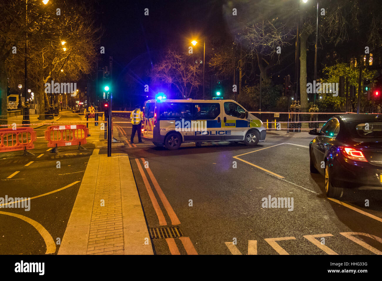 Embankment, London, UK. 19th Jan, 2017. Police seal off Victoria Embankment near the Houses of Parliament, following the discovery of an unexploded World War II bomb by construction workers. Two of London's busiest stations were temporarily evacuated and both Westminster and Waterloo bridges were closed for a short time. PICTURED: Police cordon at Victoria Embankment near Hungerford Bridge. Credit: Paul Davey/Alamy Live News Stock Photo