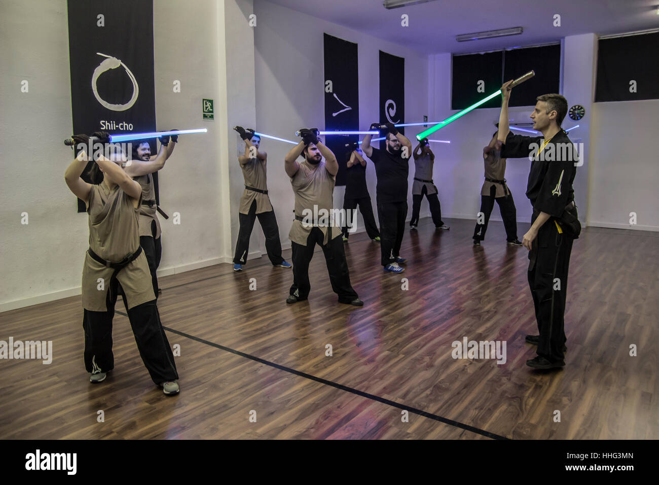 Madrid, Spain. 19th January, 2017. Gulliermo Serra and Ricardo Navarro brought from Italy to Spain the padawan sport. This sport was found in 2006 by three Italian teachers who studied the combat details of the 'Star Wars' franchise of movies. Credit: Alberto Sibaja Ramírez/Alamy Live News Stock Photo
