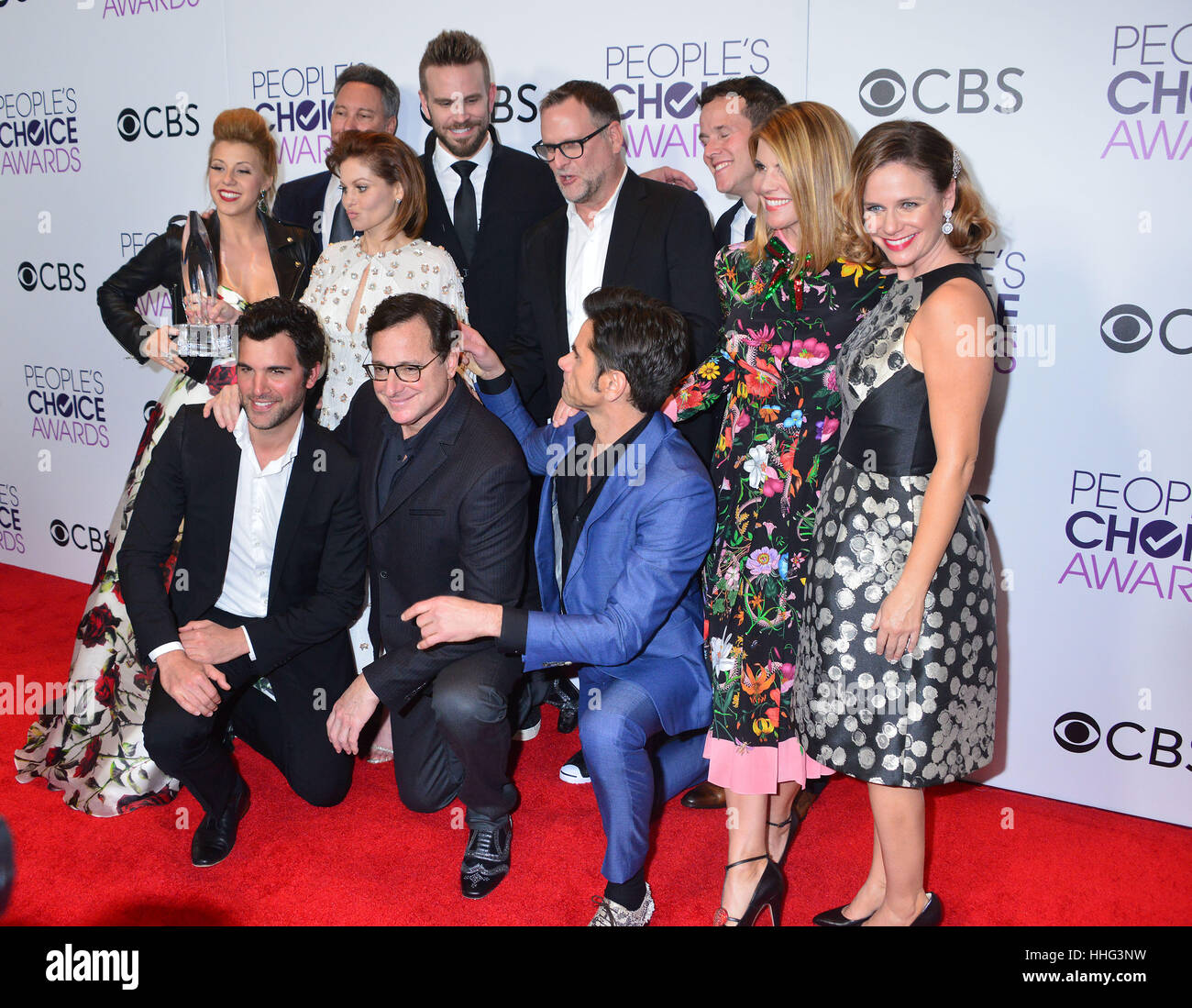 Jodie Sweetin, producer Jeff Franklin, actors Candace Cameron Bure, John Brotherton, Dave Coulier, Scott Weinger, Lori Loughlin, Andrea Barber arriving at the People's Choice Awards 2017 at the Microsoft Theatre in Los Angeles. January 18, 2017. Stock Photo