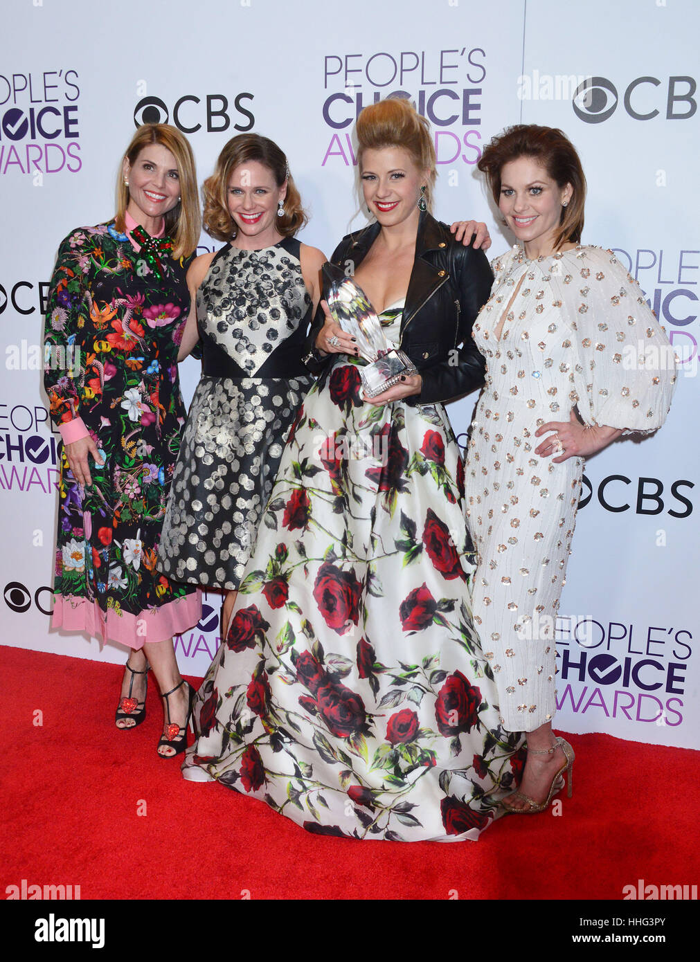 Lori Loughlin, Andrea Barber, Jodie Sweetin and Candace Cameron Bure  arriving at the People's Choice Awards 2017 at the Microsoft Theatre in Los Angeles. January 18, 2017. Stock Photo
