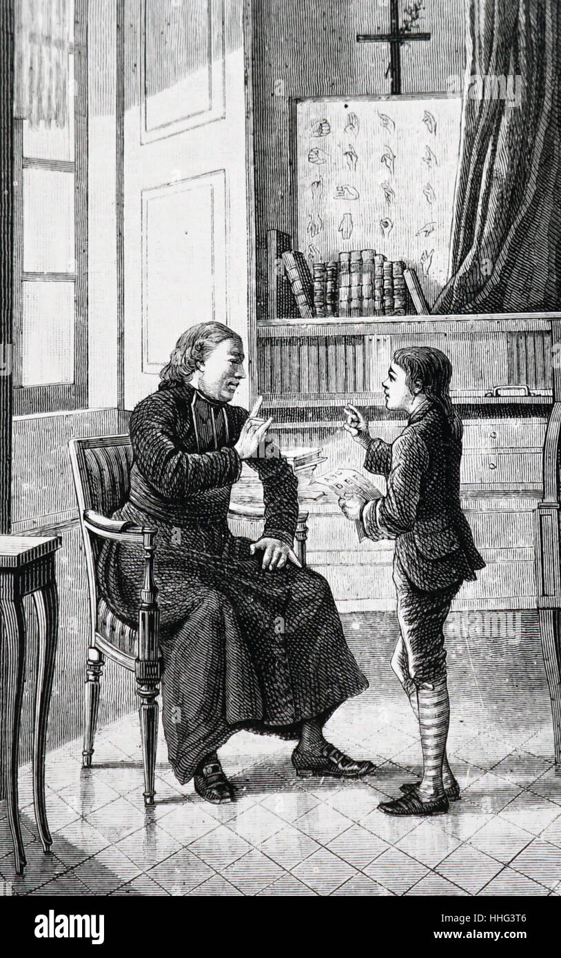 Illustration of Charles-Michel de l'Épée (1712-1789) a philanthropic educator, teaching a deaf child sign language. Dated 19th Century Stock Photo