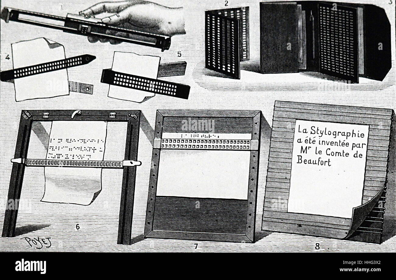 Illustration depicting various methods of writing for the blind. Dated 19th Century Stock Photo