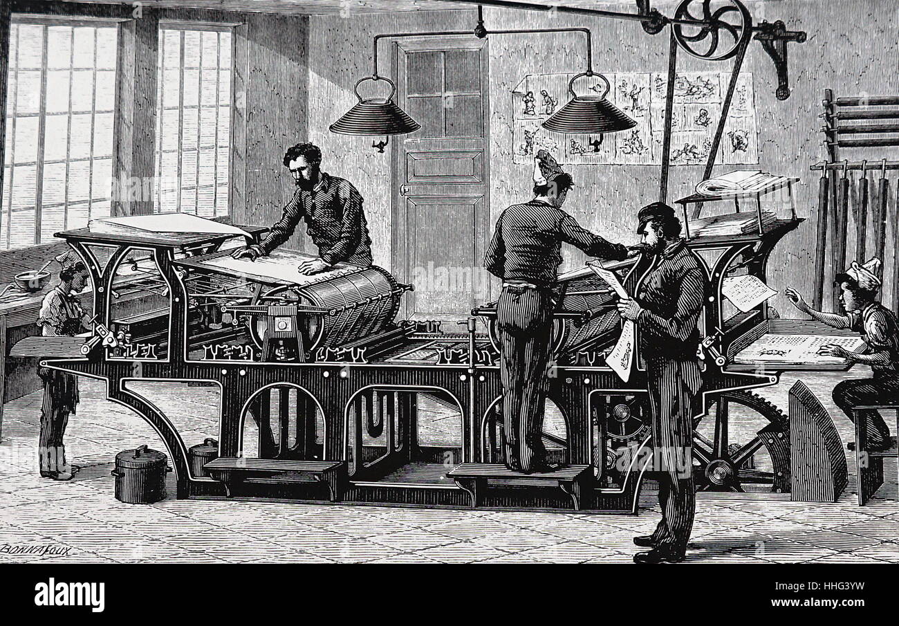 Illustration depicting a printing press powered by a steam engine