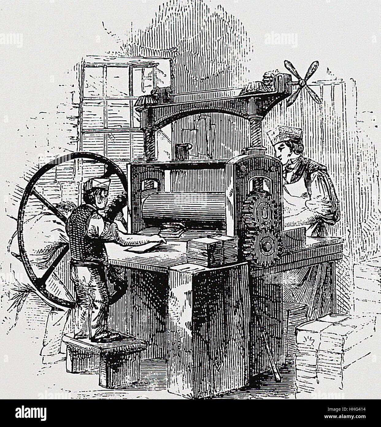 Illustration depicting a rolling press used in bookbinding, invented by