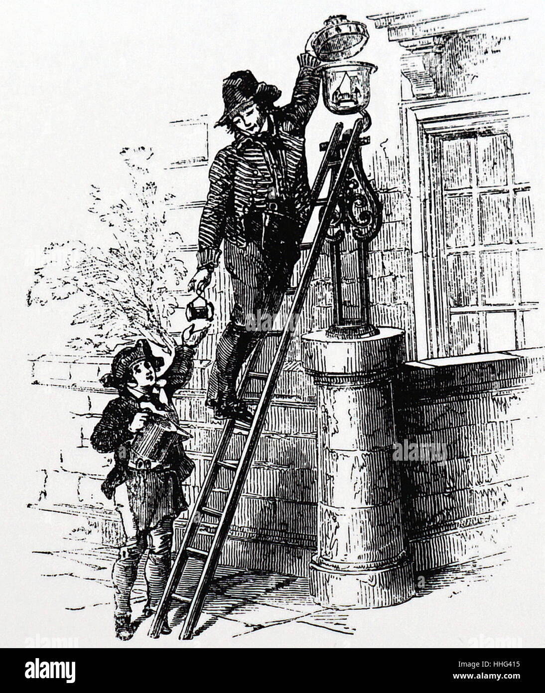 Illustration depicting a London lamplighter and his assistant