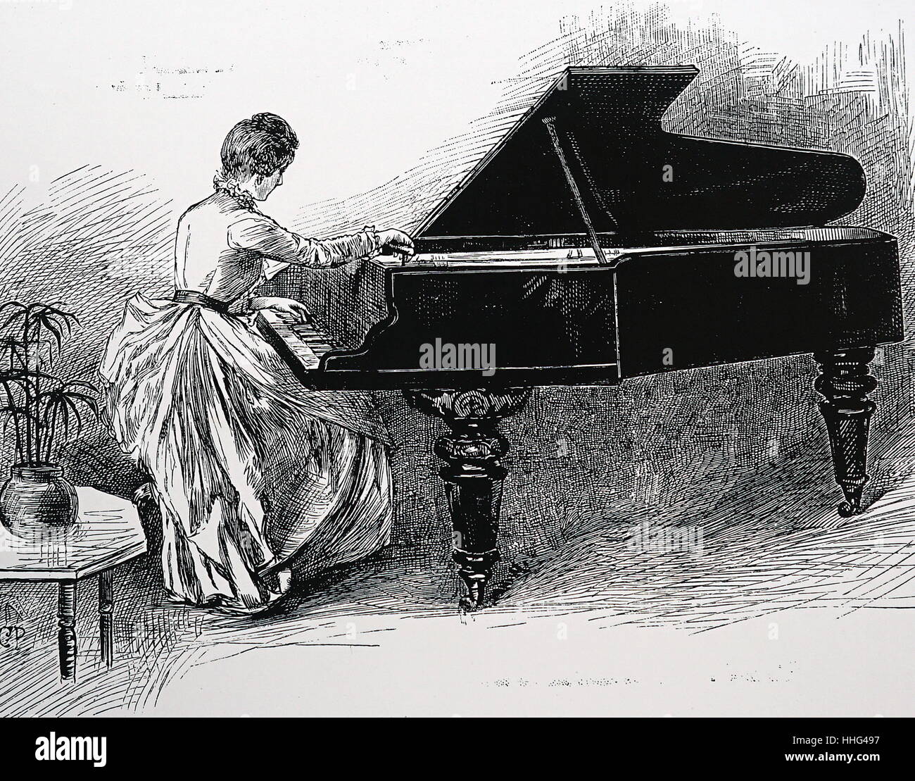 Young lady tuning a piano. This was an occupation considered suitable for a young lady forced to earn her living. From The Gir1's own Paper, London, 1887 Stock Photo