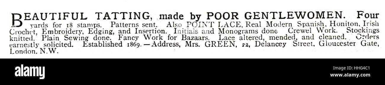 Advertisement for needlework and handicrafts by ladies in reduced circumstances, London, 1889 Stock Photo