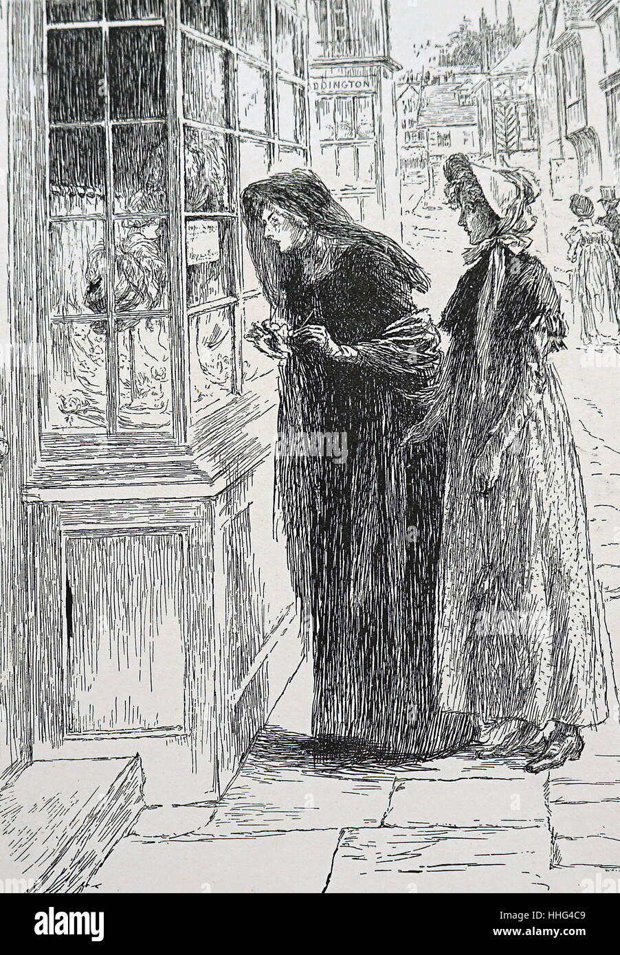 Illustration of two women looking at hats in a Victorian shop window in London. 1893 Stock Photo
