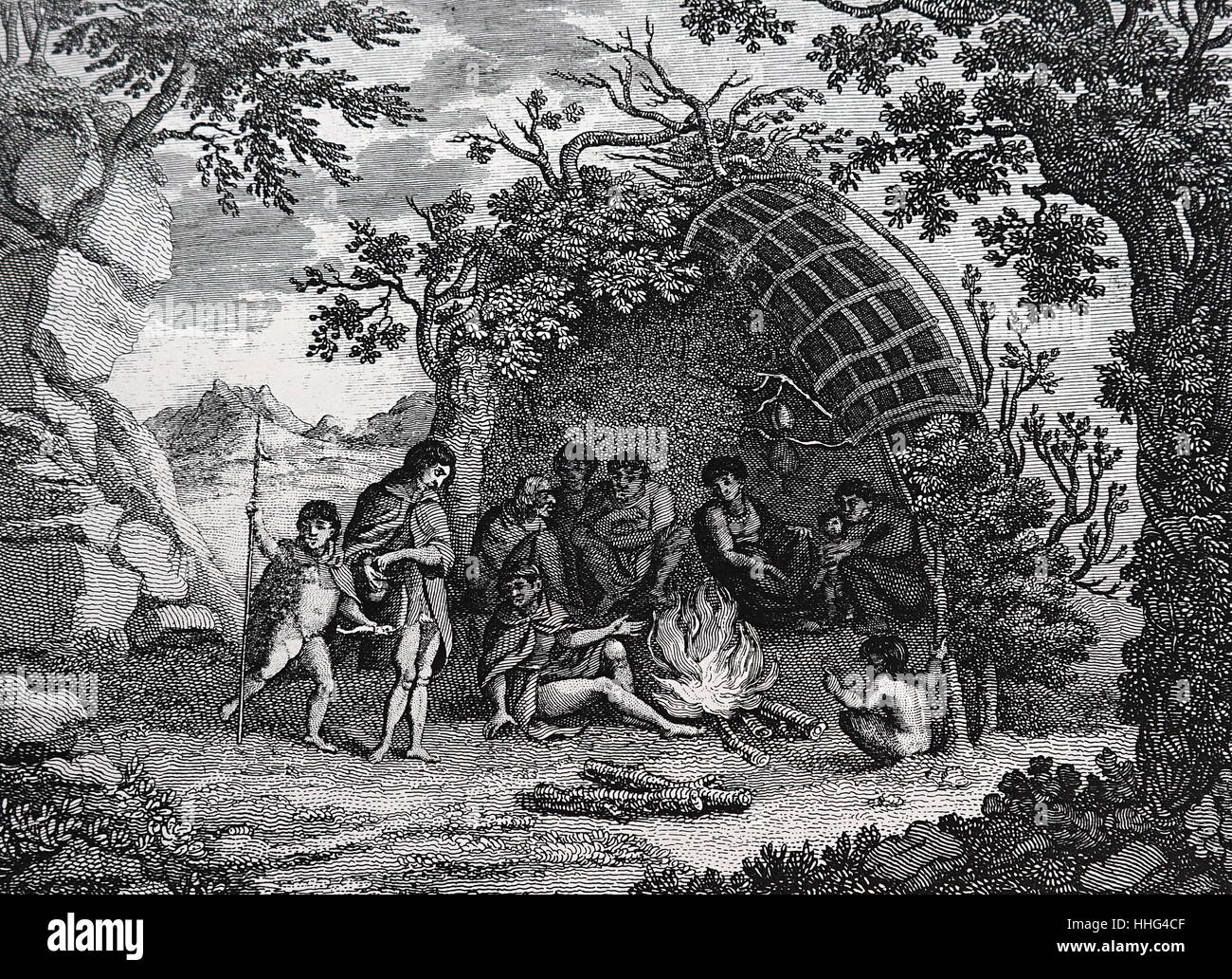 Natives of Tierra del Fuego, showing their clothing and shelter. From Captain Cook's 'Original Voyages Round the World'. Magellan encountered these natives on his first voyage of circumnavigation. (1519-22). Tierra del Fuego 'Land of Fire'; is an archipelago off the southernmost tip of the South American mainland, across the Strait of Magellan Stock Photo