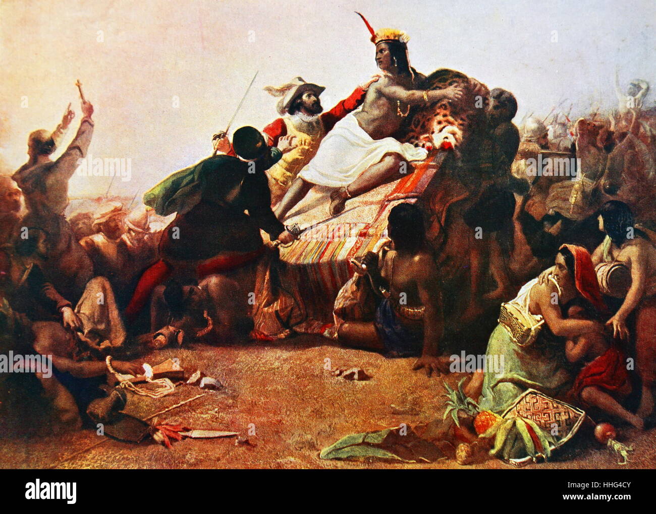 Pizarro Seizing the Inca of Peru John Everett Millais. On November 16, 1532, Atahualpa, lord of the Inca Empire, was attacked and captured by Spanish conquistadors under Francisco Pizarro. Once he was captured, the Spanish forced him to pay a ransom amounting to tons of gold and silver. Although Atahualpa produced the ransom, the Spanish executed him anyway. Stock Photo