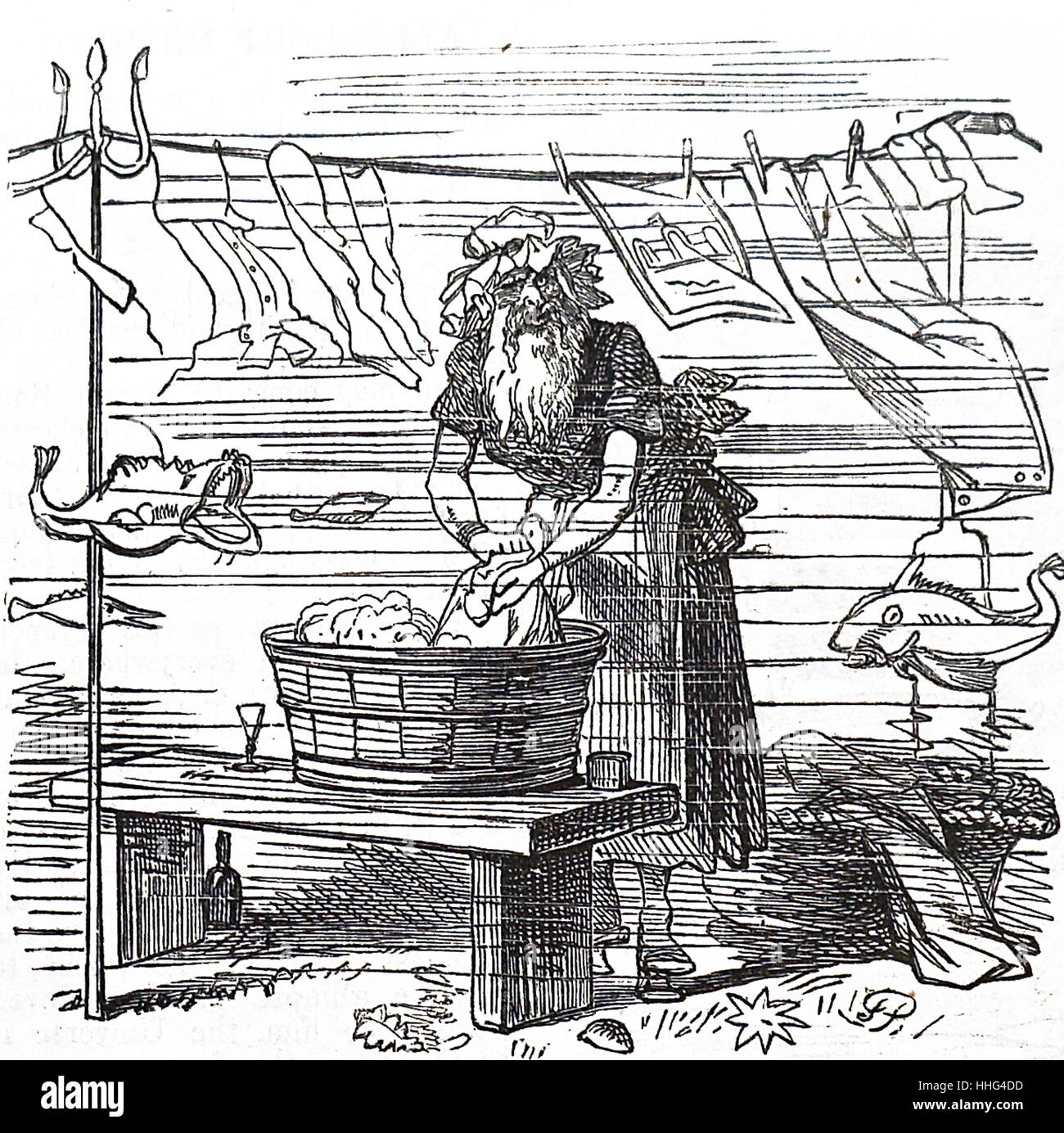 Cartoon from Punch, 1858, at the time of the laying of the Atlantic telegraph cable. A transatlantic telegraph cable is an undersea cable running under the Atlantic Ocean used for telegraph communications. The first was laid across the floor of the Atlantic from Telegraph Field, Foilhommerum Bay, Valentia Island in western Ireland to Heart's Content in eastern Newfoundland. The first communications occurred August 16, 1858 Stock Photo