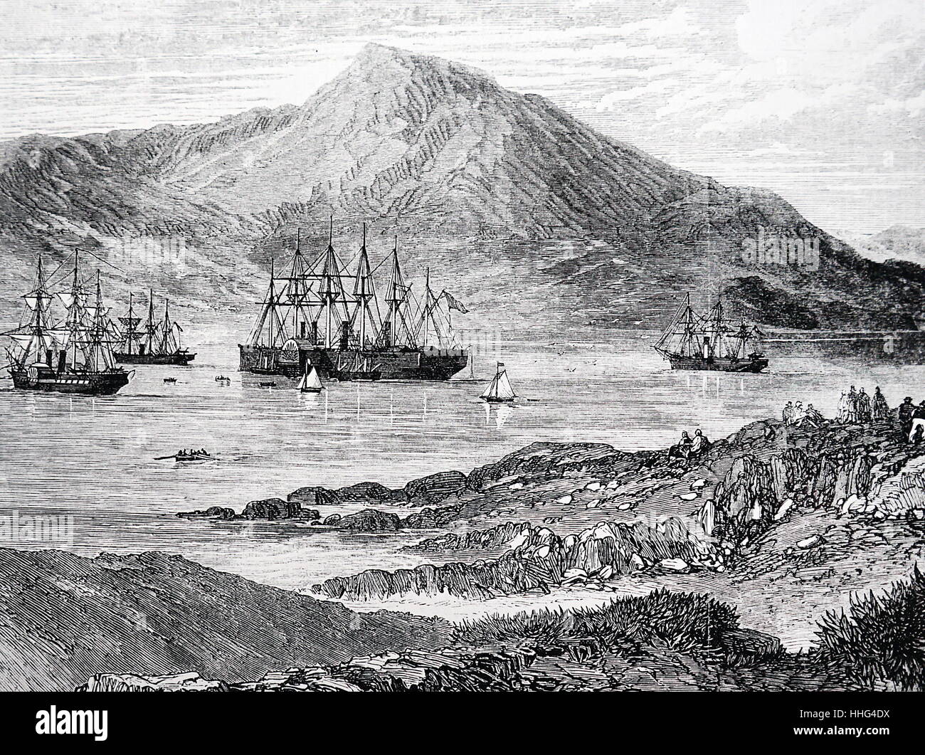 The Atlantic Tele graph cable fleet anchored in Bantry Bay, Ireland 1868 Stock Photo