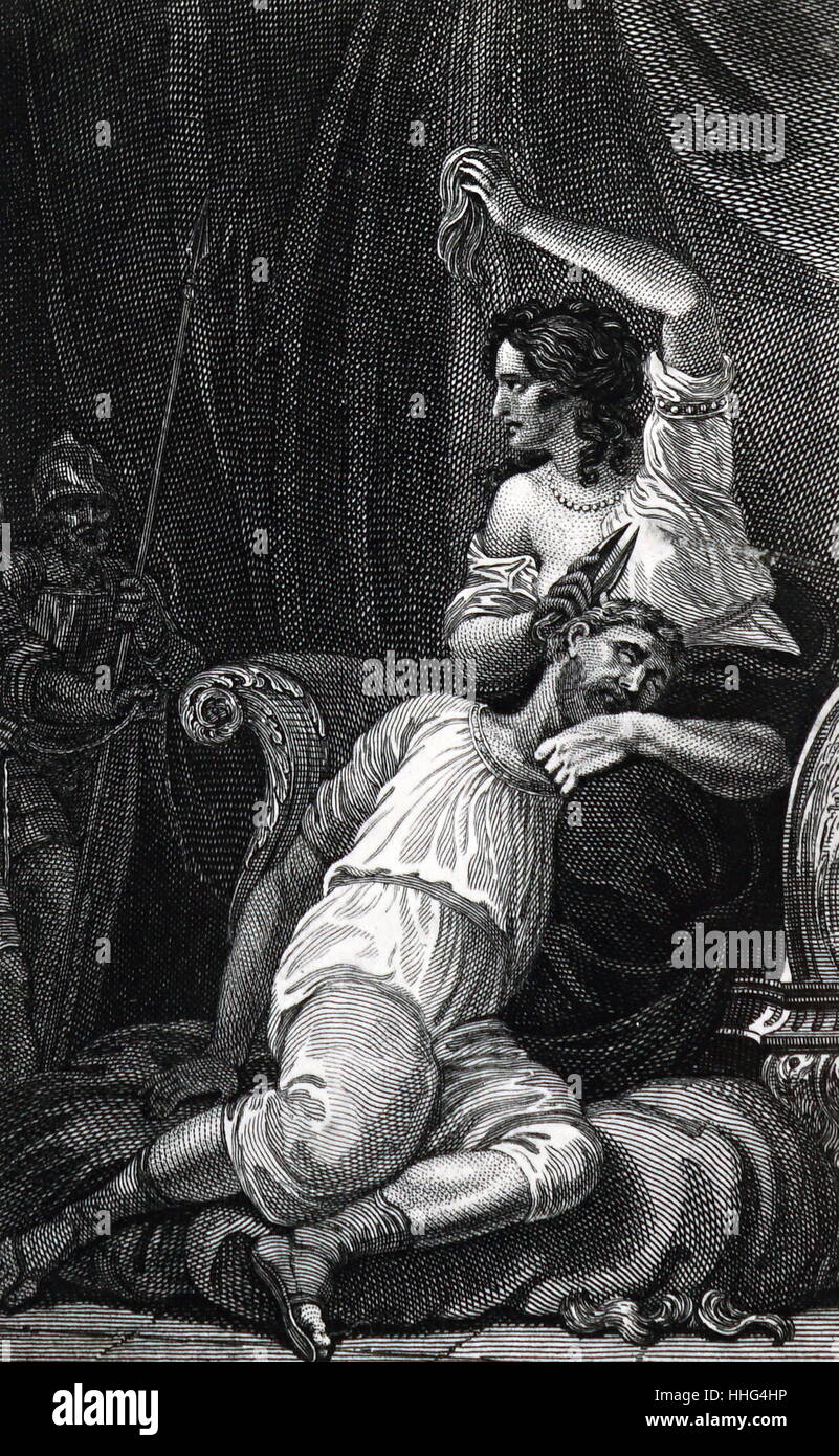 Delilah cutting Samson's hair. Illustration by William Marshall Craig (ca l765-ca l834). In the Old testament story, Delilah was approached by the lords of the Philistines, to discover the secret of Samson's strength, and on being told it was to never cut his hair she secretly did so when he was asleep. Stock Photo