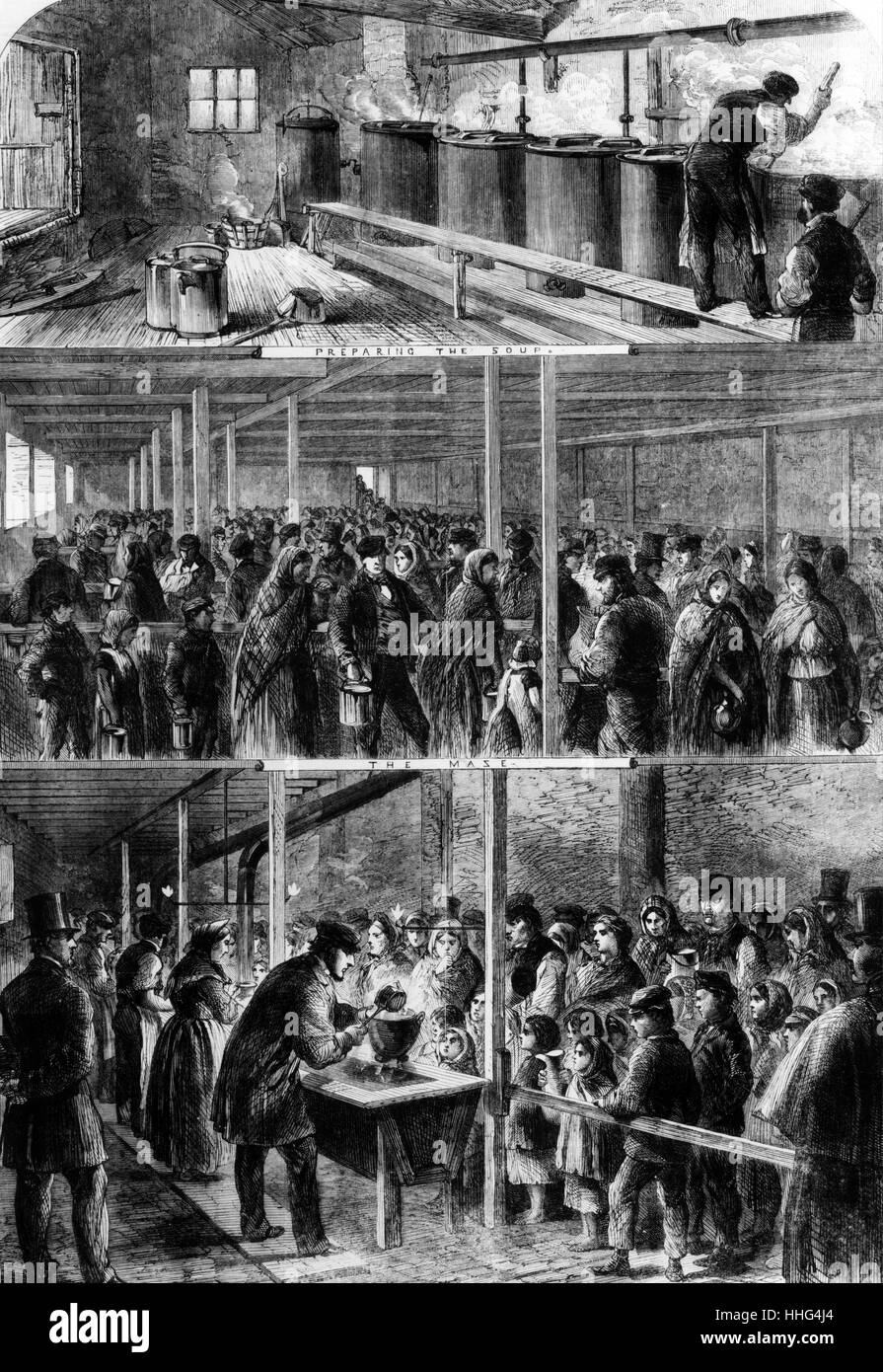Soup kitchen in Manchester, England during the Cotton Famine (Lancashire Cotton Famine), of North West England in 1862. People are shown queuing up for rations, and water. The American Civil war was the catalyst for the famine. Stock Photo