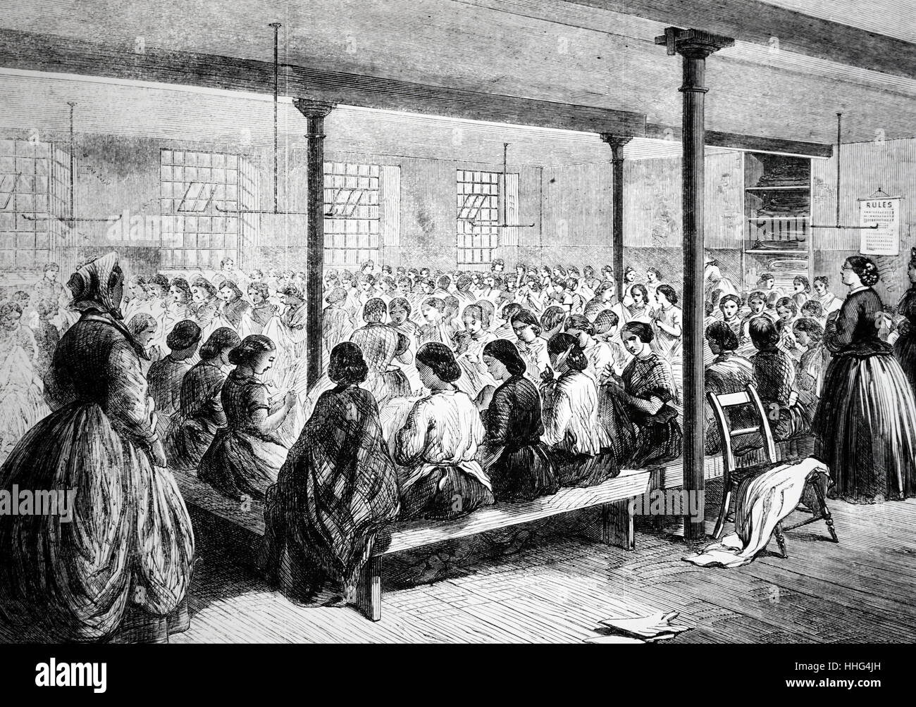 The Cotton Famine (Lancashire Cotton Famine). Sewing class for out of work mill hands, organised by the Manchester and Salford Provident Society. Stock Photo