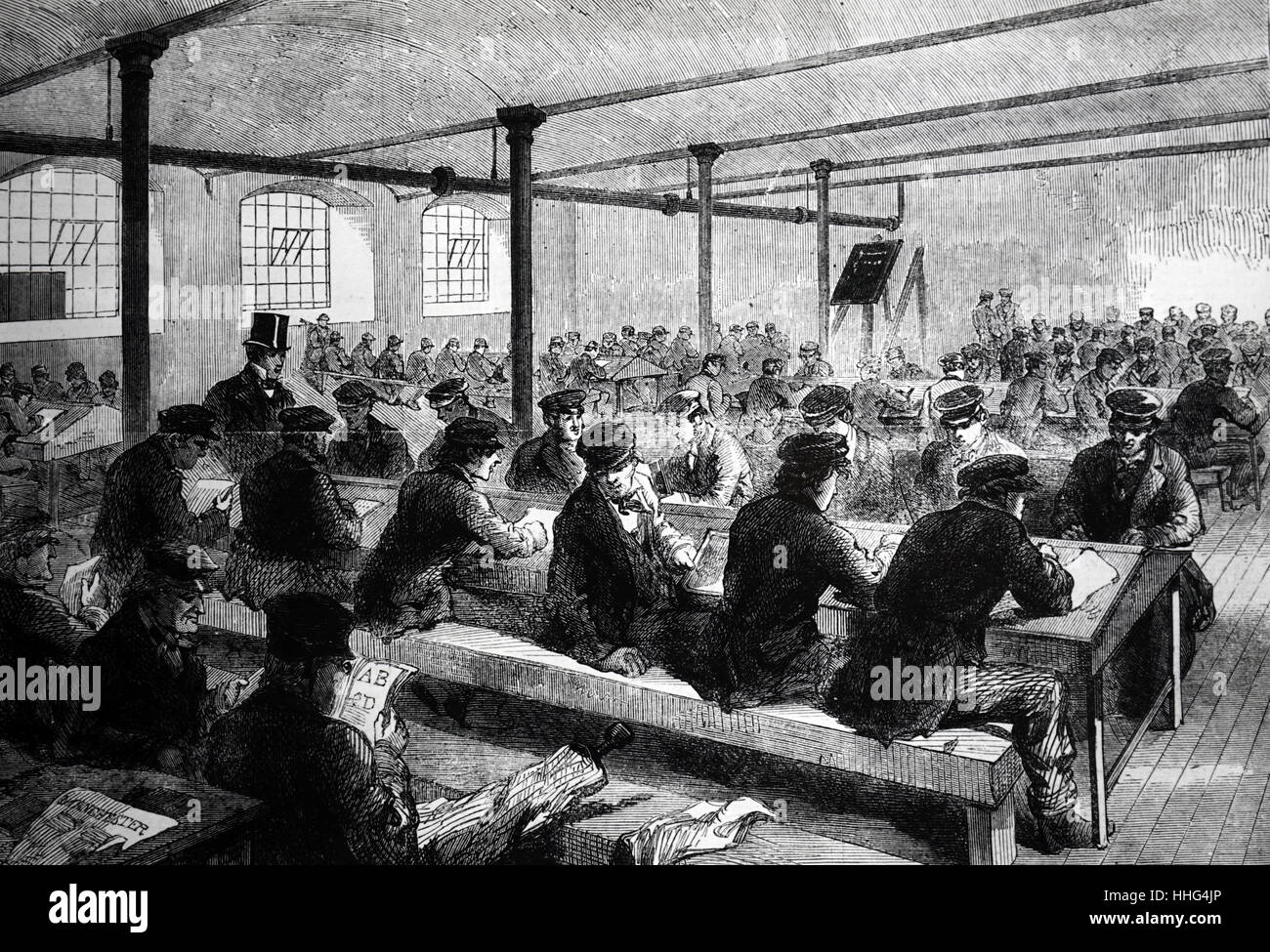 The Cotton Famine (Lancashire Cotton Famine). School for out of work mill hands, operating in Stirling's Mill, Manchester. Stock Photo