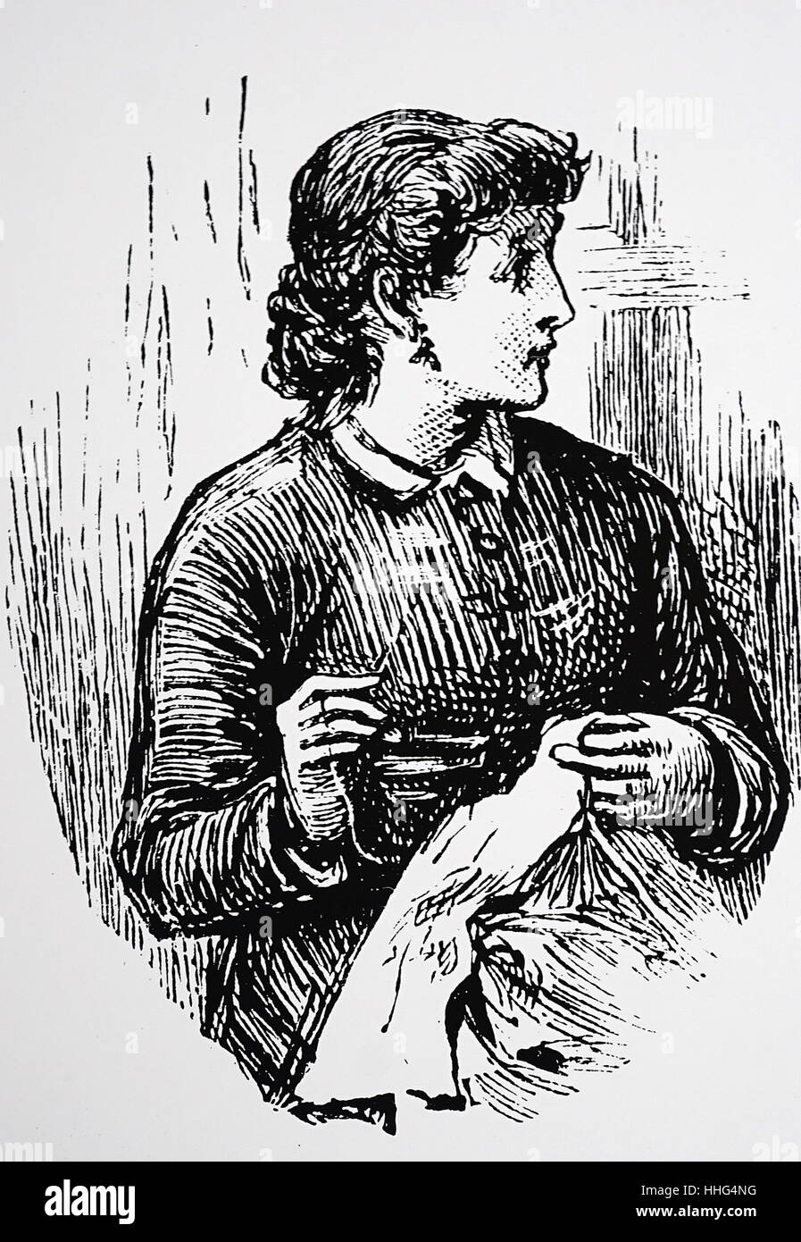 Young woman sewing: needlework was considered a suitable 'remunerative employment for gentlewomen', and a number of depots were set up at this date to which work could be sent for sale. Dated 1884 Stock Photo
