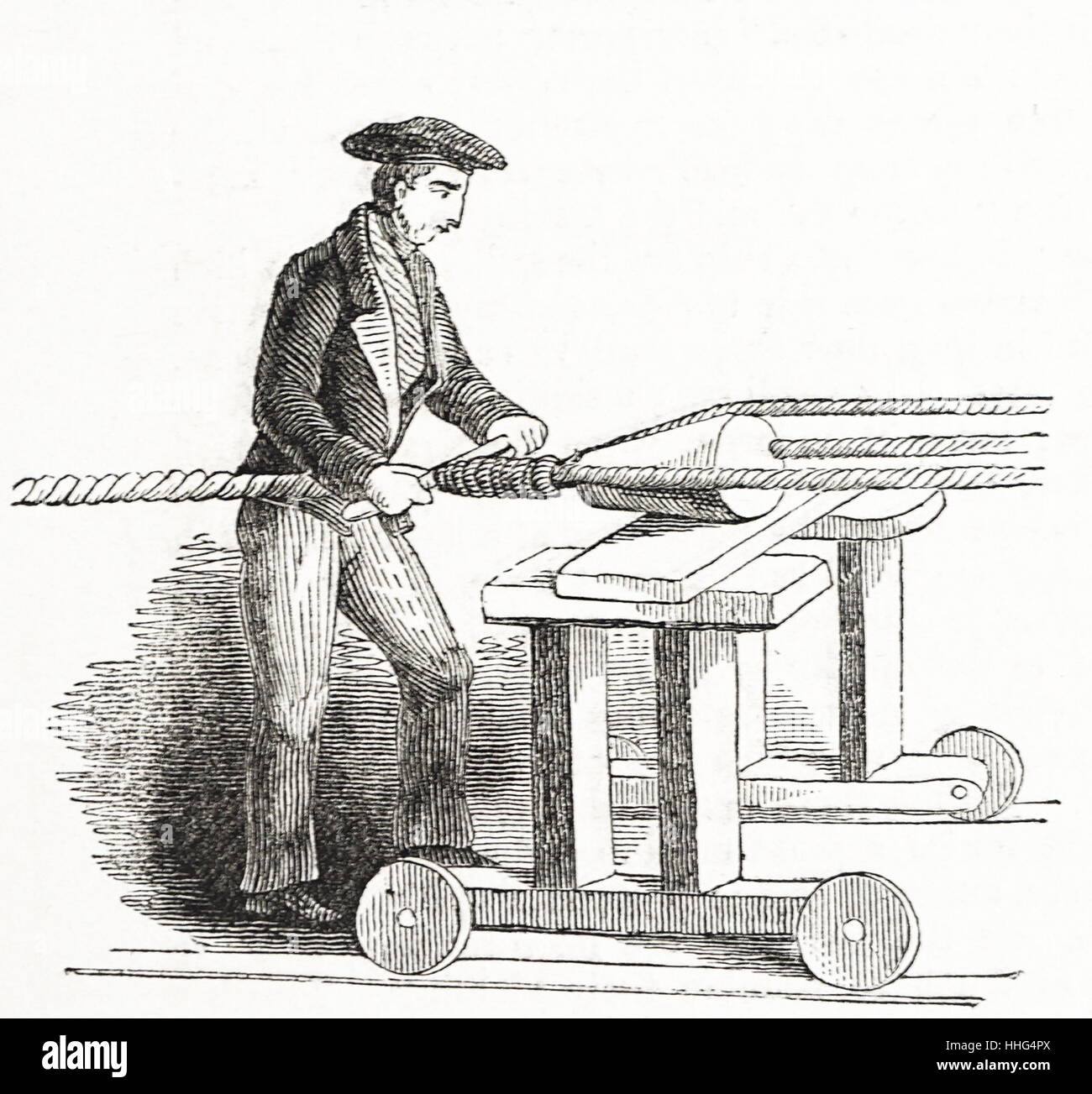 Rope making 'laying' or twisting three strands of hemp yarn to form a