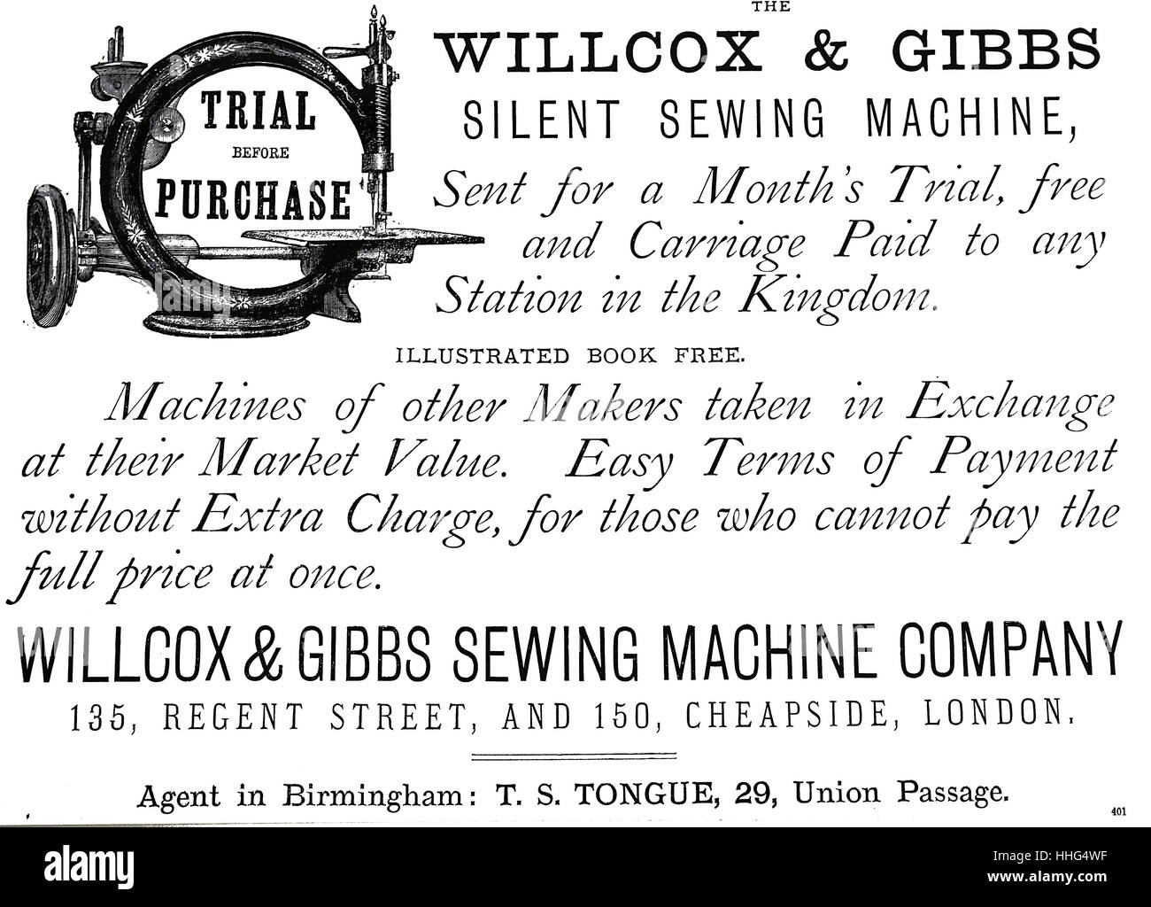 Advertisement for Wilcox & Gibbs sewing machines. Birmingham, dated the 15th January 1870 Stock Photo