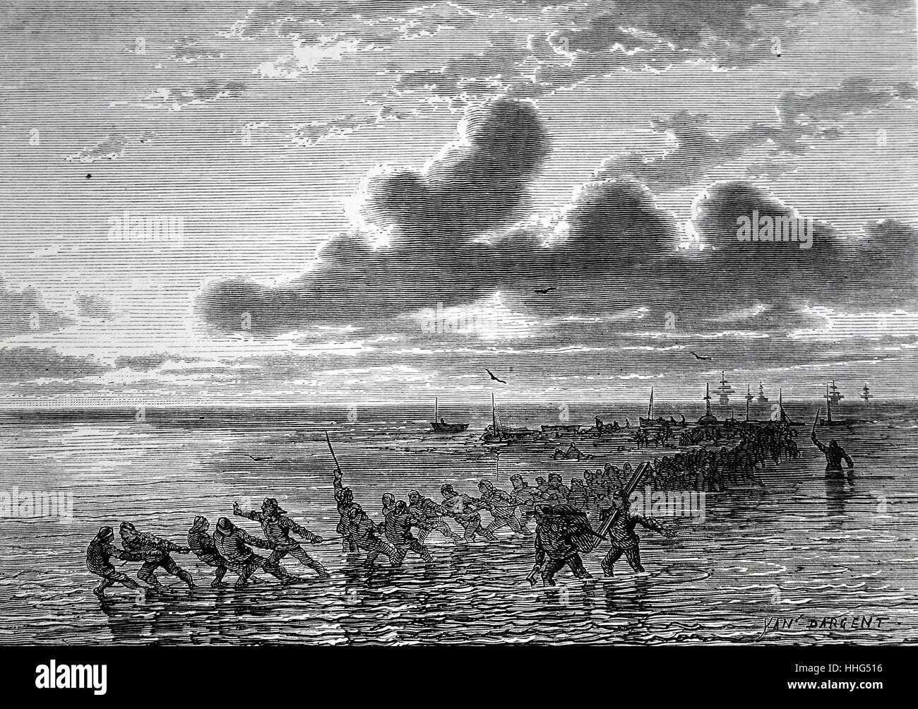 Undo-European telegraph. British sailors pulling ashore the end of the Anglo-Indian telegraph to complete laying it across the mouth of the Tigris and Euphrates. Dated 1868 Stock Photo