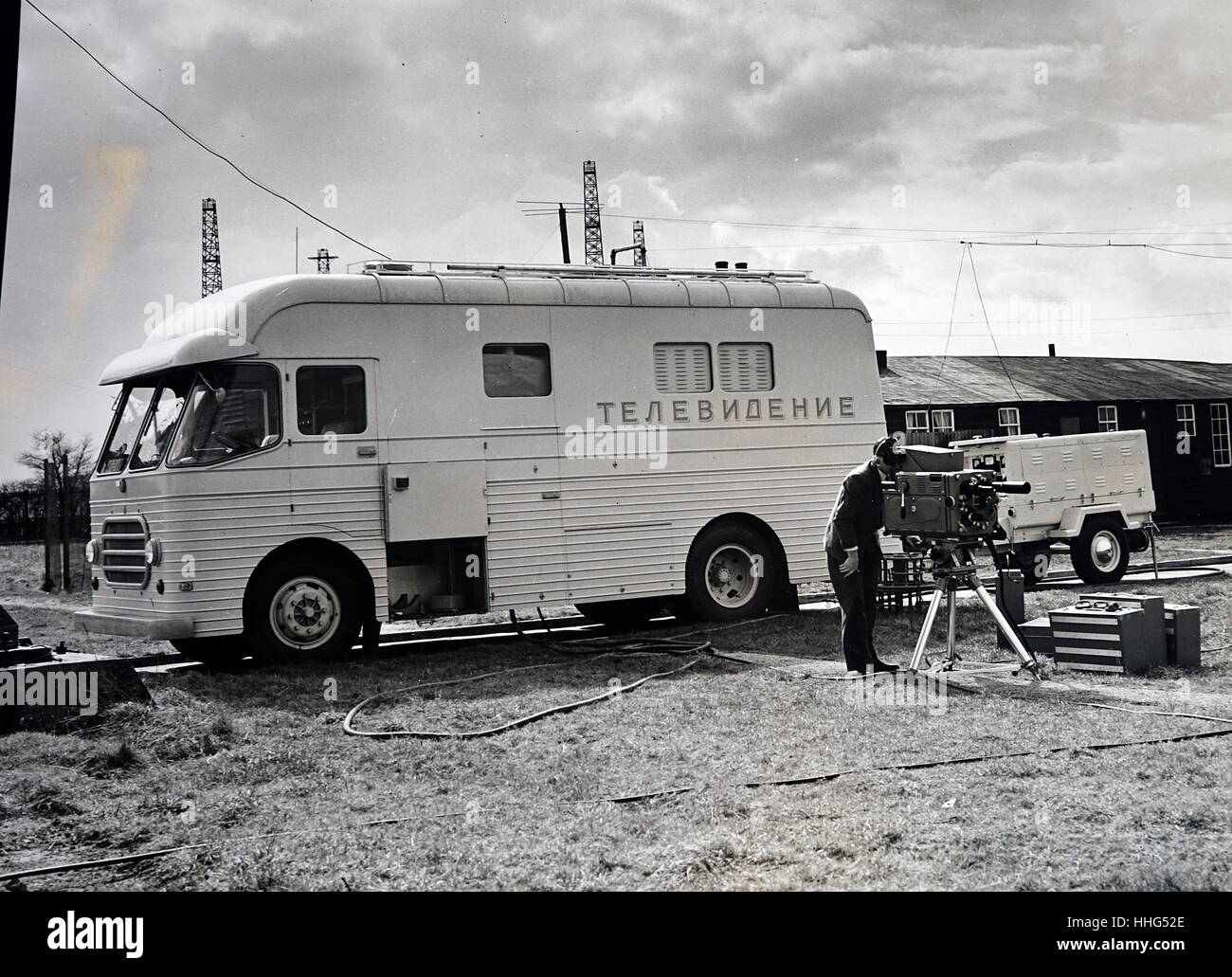 Marconi Television Outside Broadcast Vehicle undergoing field trials prior to being shipped to Russia. It represents part of a large quantity of television equipment which Marconi is supplying to the U.S.S.R. Amongst the main items in this order are included two 3-camera Television Outside Broadcast Vehicles, two mobile petrol-electric trailer power units and a comprehensive supply of spares. 1956. Stock Photo