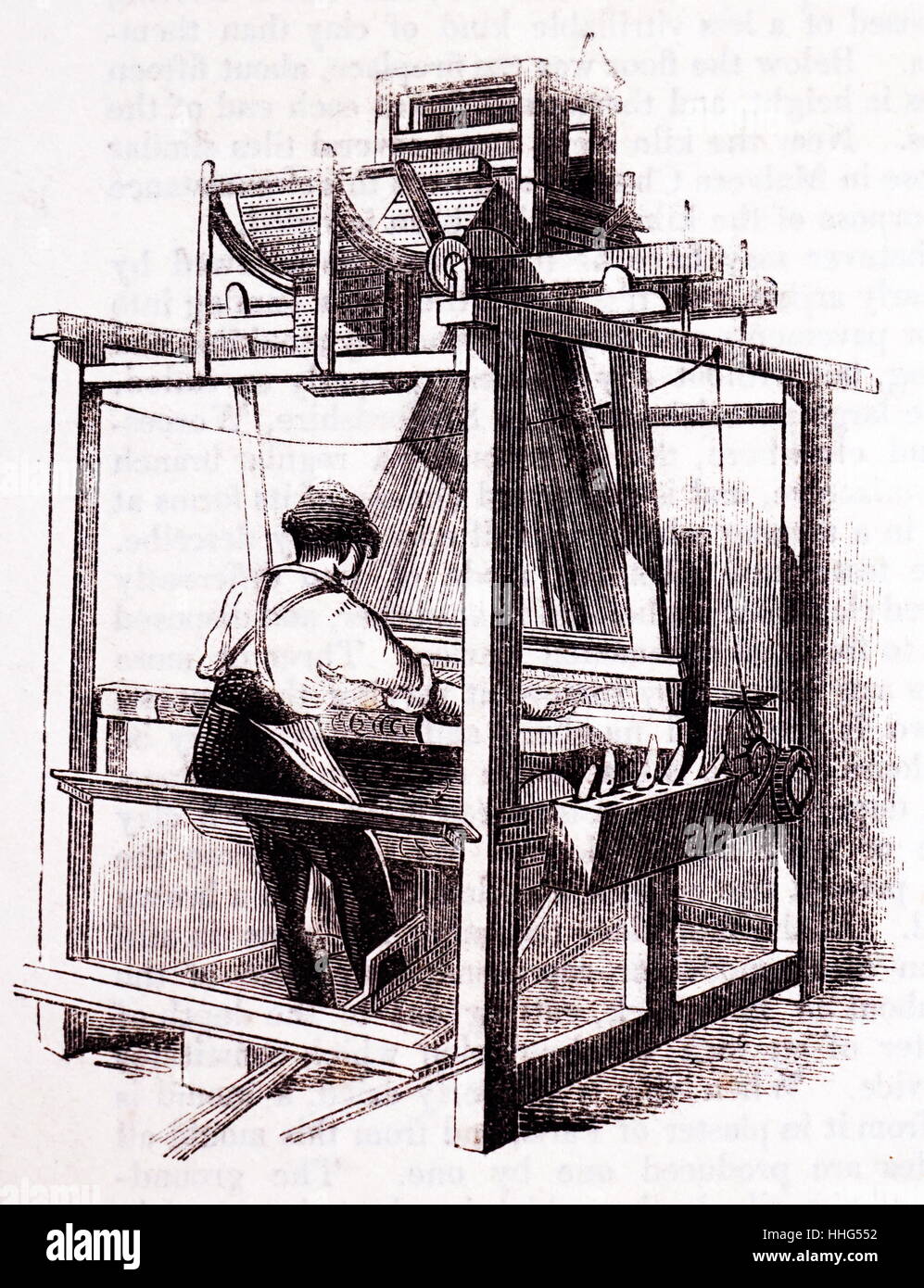 Scotch carpet loom - Unpowered. The jacquard punched cards can be seen above the weavers head. London, August 1843 Stock Photo