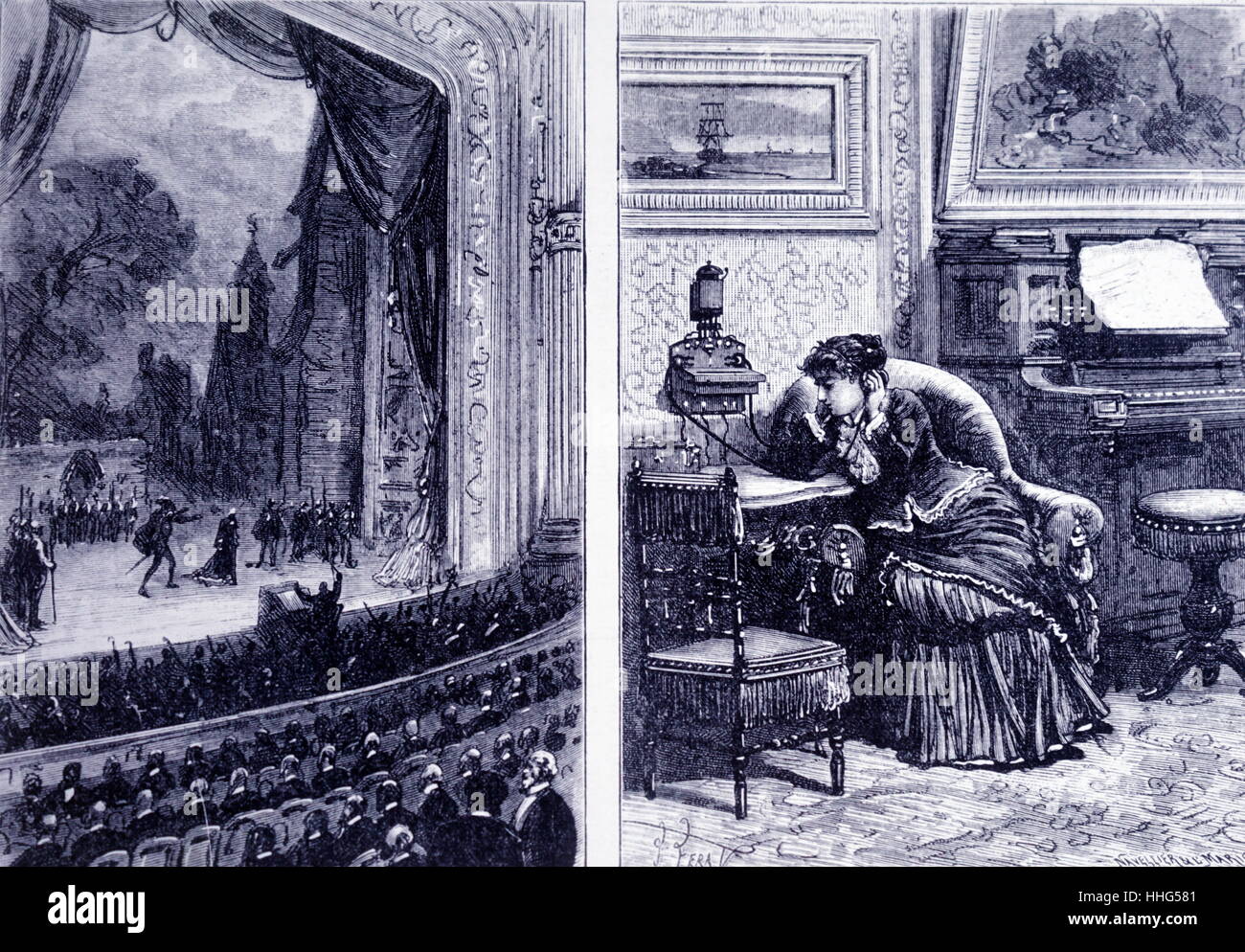 Woman listening to an opera performance in her own home by means of the Ader Bell telephone, and Ader's arrangement for music transmission. On the stage microphones were placed either die of the prompt box and a different signal was received through each earpiece, giving a stereophonic effect. Dated 1883 Stock Photo