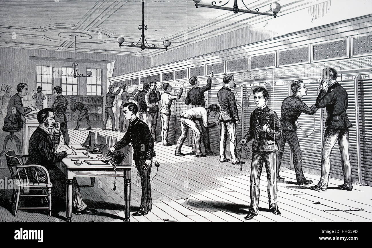 Central telephone exchange, 198 Broadway, New York, in 1880. The