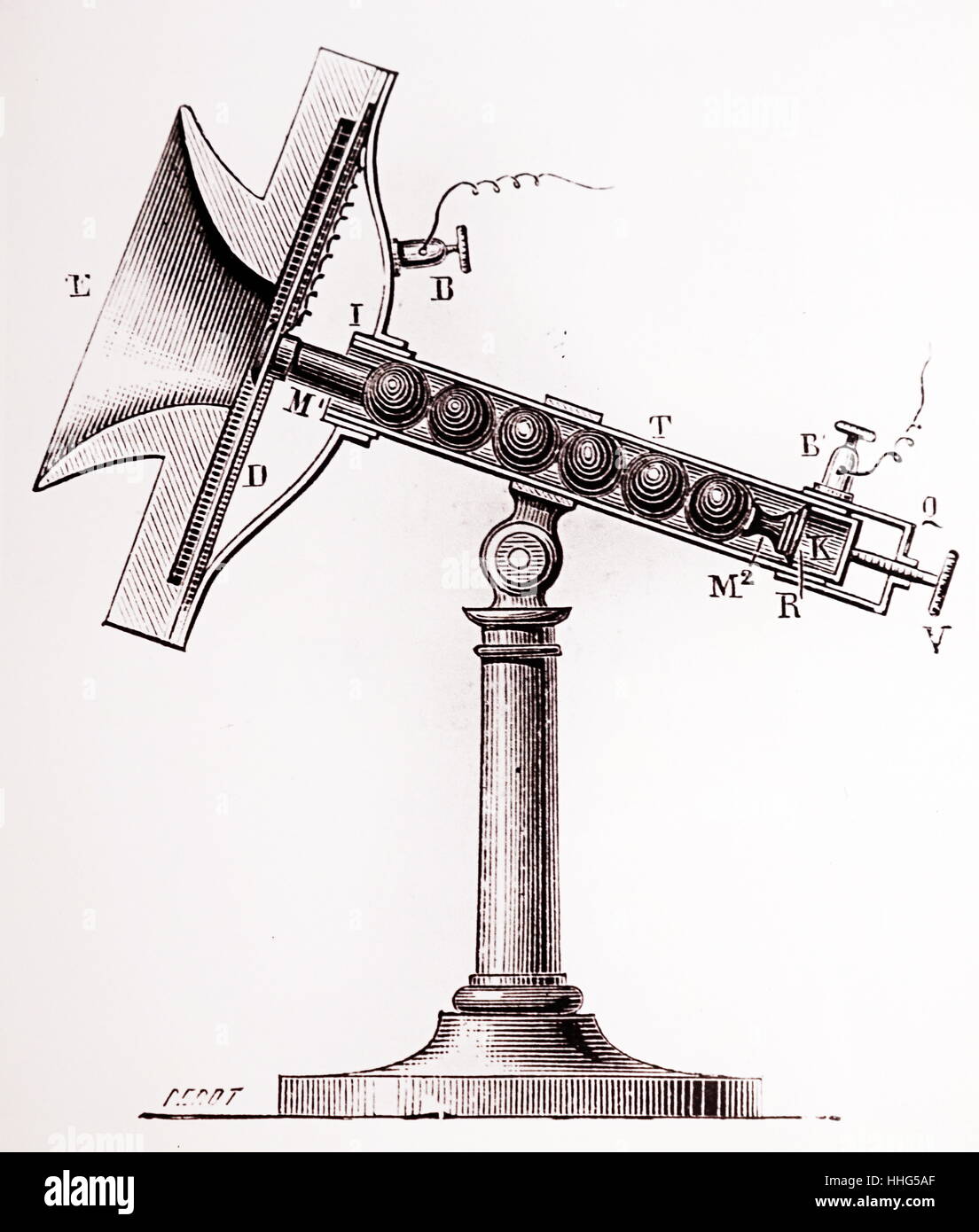 Boudet's microphone: this consisted of a glass tube 3ins long and 0.4 ins in diameter. Copper cylinder, M was connected to membrane of rubber (D) at one end and to six carbon balls at the other. Screw at V was used to adjust pressure of contact between balls. Dated 1882. Stock Photo