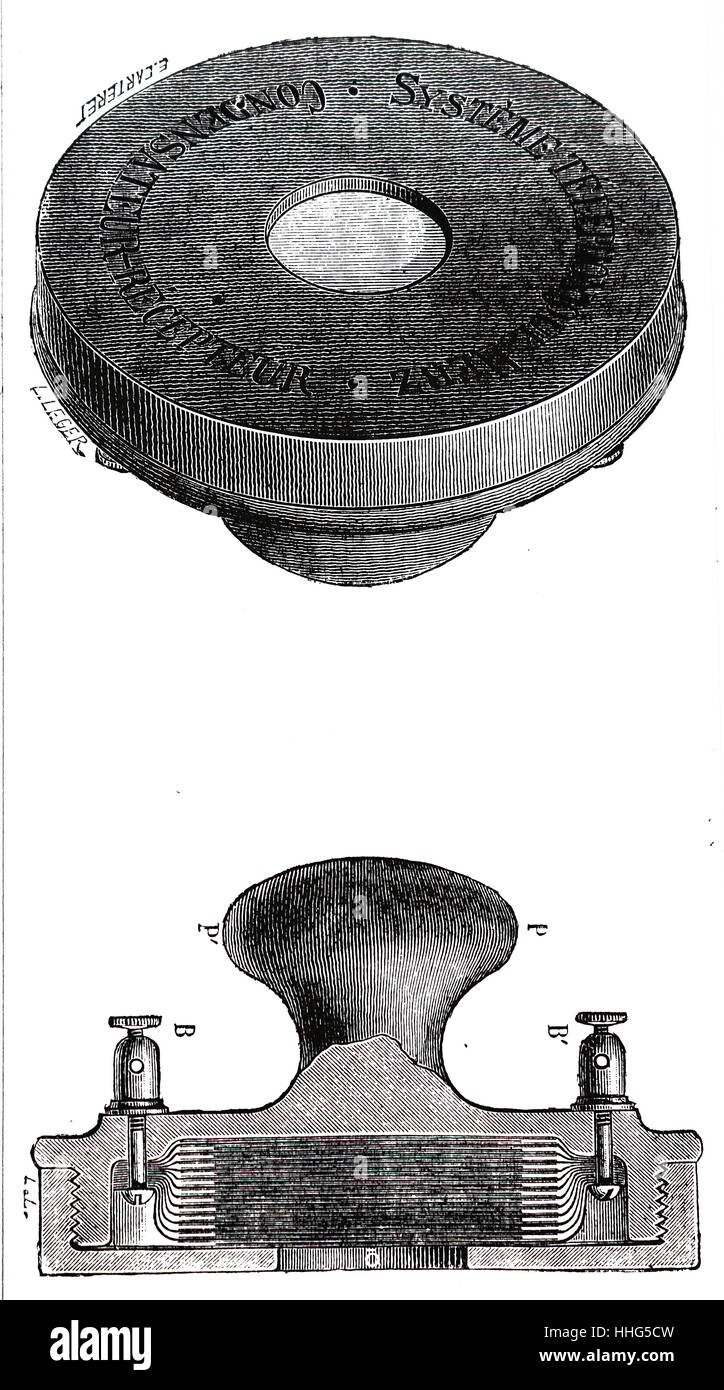 Herz's telephone condenser: by placing this on the line, Herz prevented induction from neighbouring line. From Louis Figuier Les Nouvelles Conquetes de la Science, Paris 1883. Stock Photo