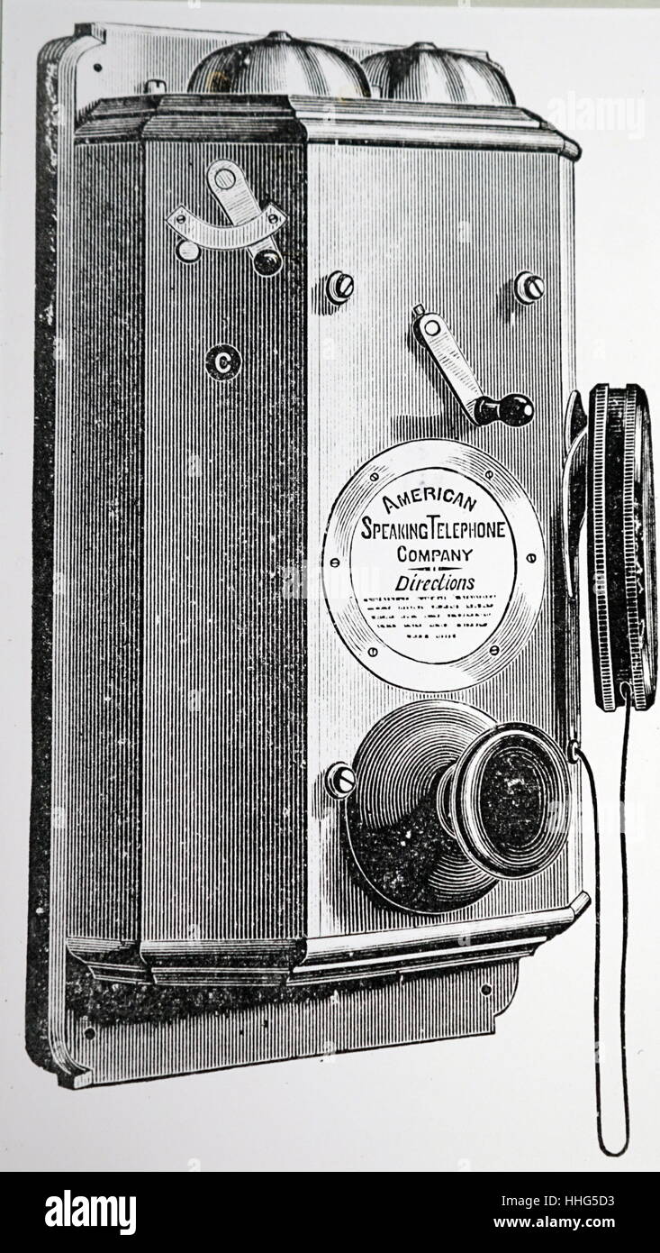 Wall telephone designed by Elisha Gray and used widely in the Western States of the U.S. From George B. Prescott The Speaking Telephone, New York, 1879. Stock Photo