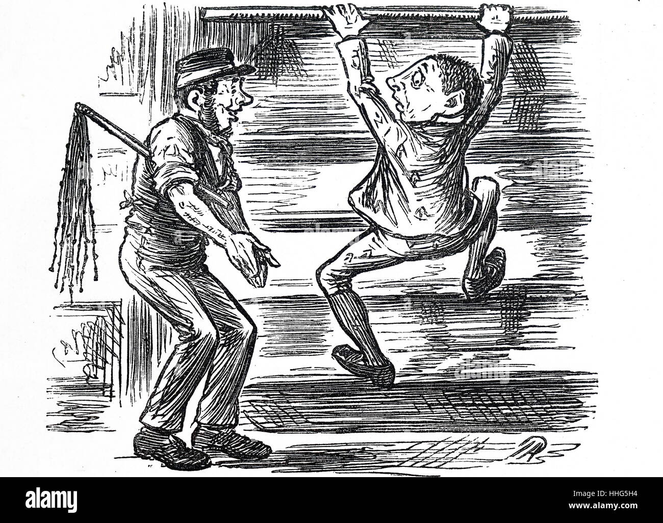 Cartoon prison officer is shown catching a convict climbing the prison wall. He is shown with a cat-o-nine-tails, a whip known for it's extreme pain. Dated 1882 Stock Photo