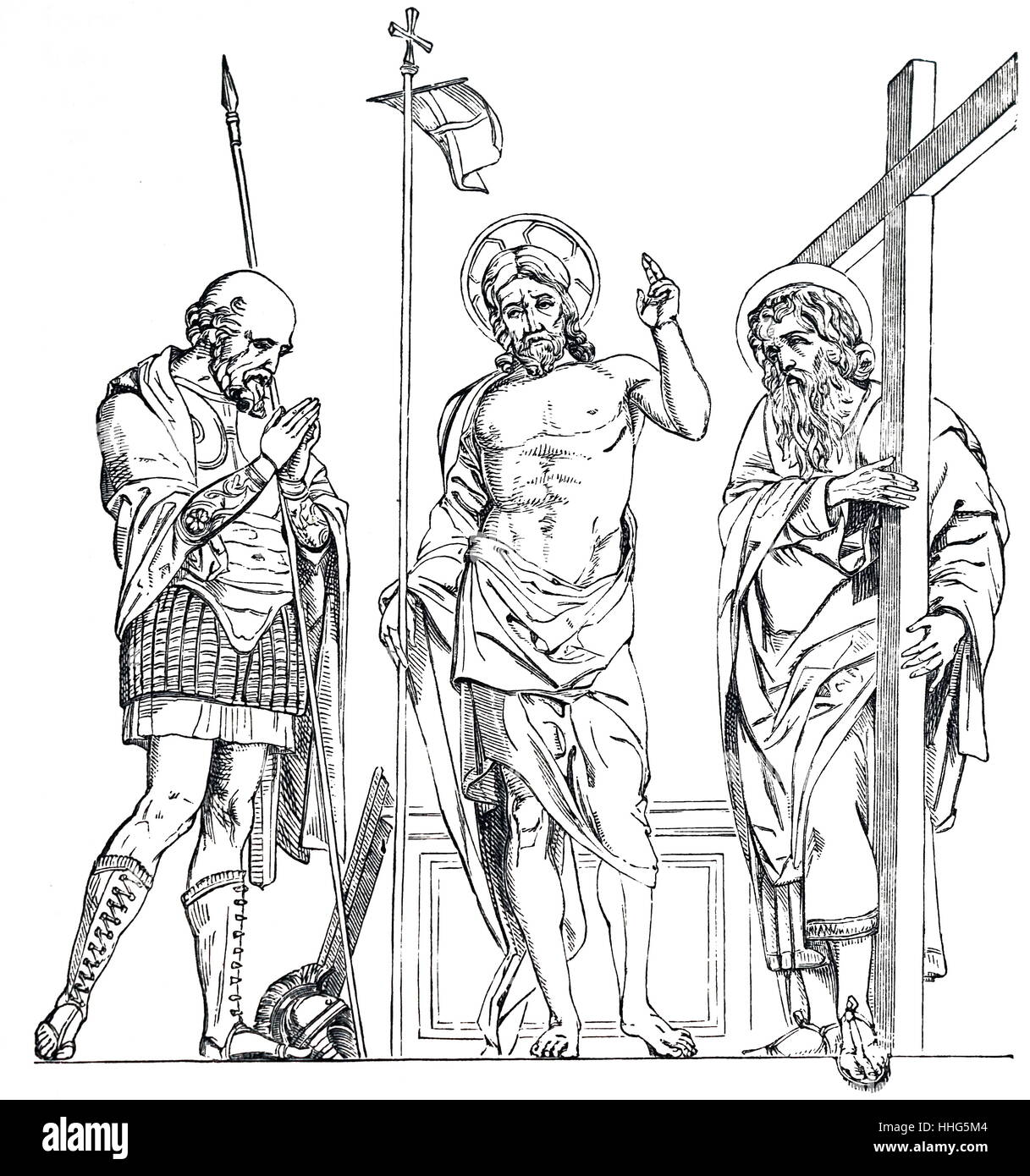 Jesus Christ is shown standing between St. Longinus and St. Andrew. Illustration by Andrea Mantegna. Dated 1475 Stock Photo