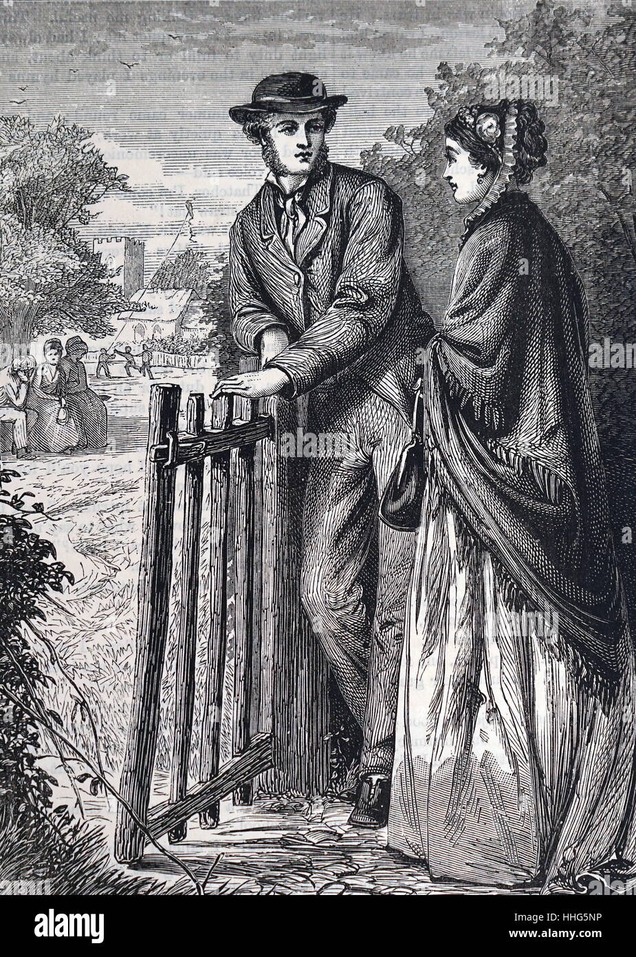Man opening a gate for a lady. Illustration from The Quiver, London, 1875 Stock Photo