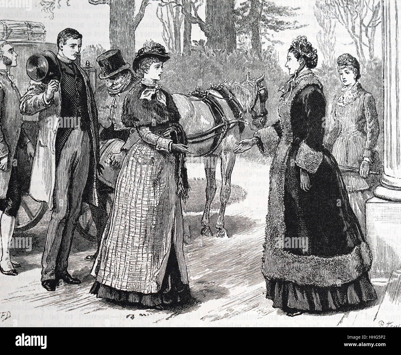 Upper class female greets her guests as they arrive at her from by horse and carriage. Leisure fleur, London 1886. Stock Photo